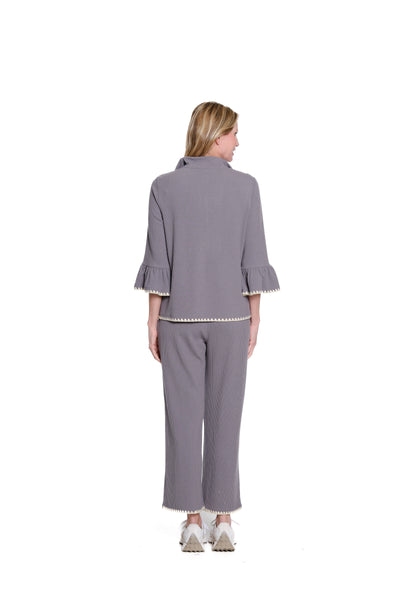 Ribbed Wide-Leg Drawstring Ankle Pants - Granite