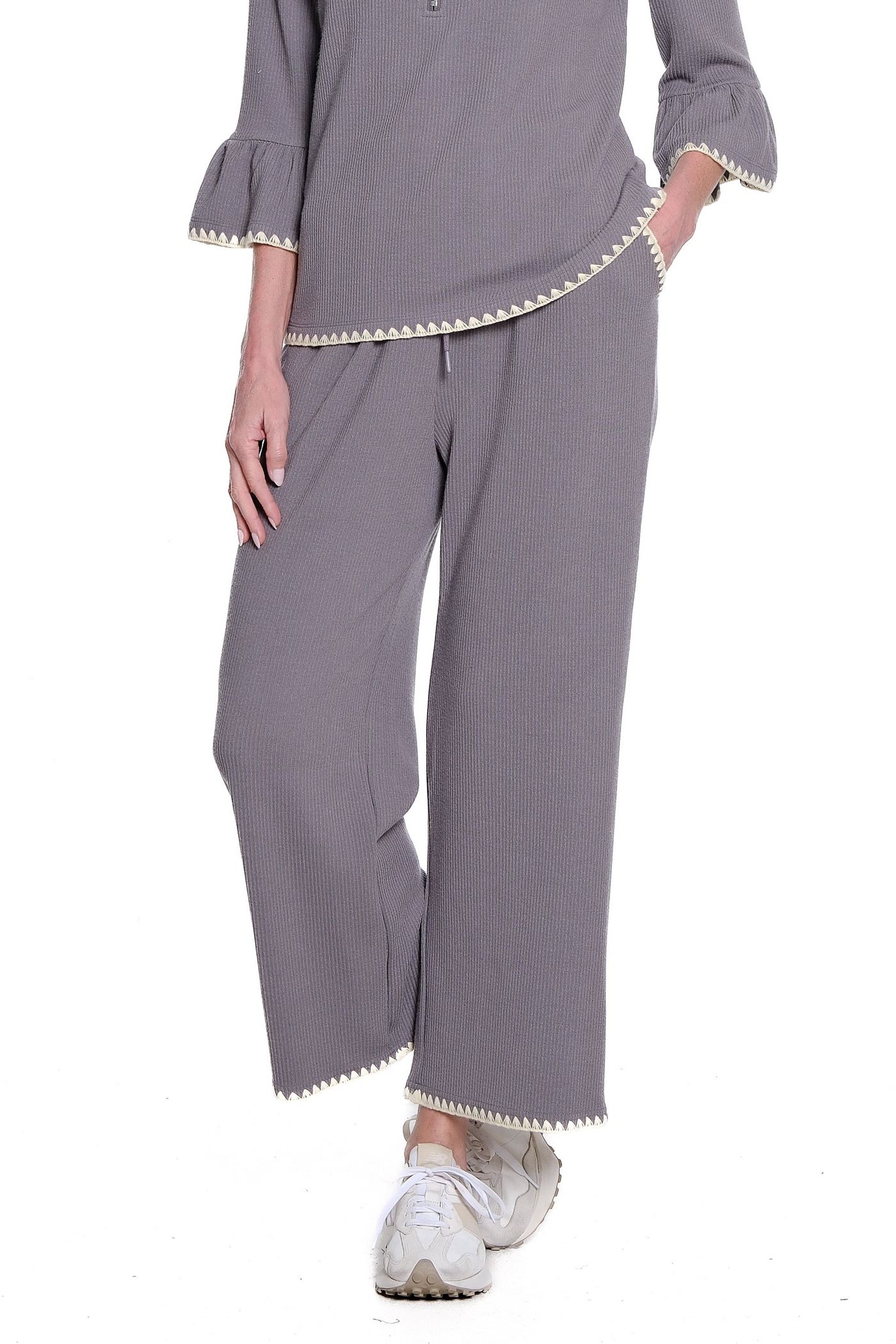 Ribbed Wide-Leg Drawstring Ankle Pants - Granite