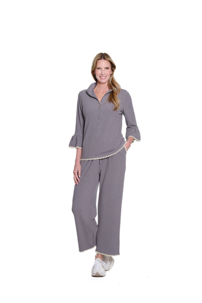 Ribbed Wide-Leg Drawstring Ankle Pants - Granite