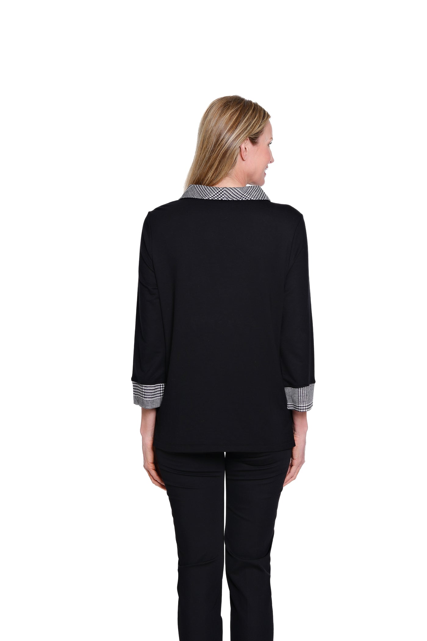 Plaid-Cuff Zip Collar Knit Top - Black