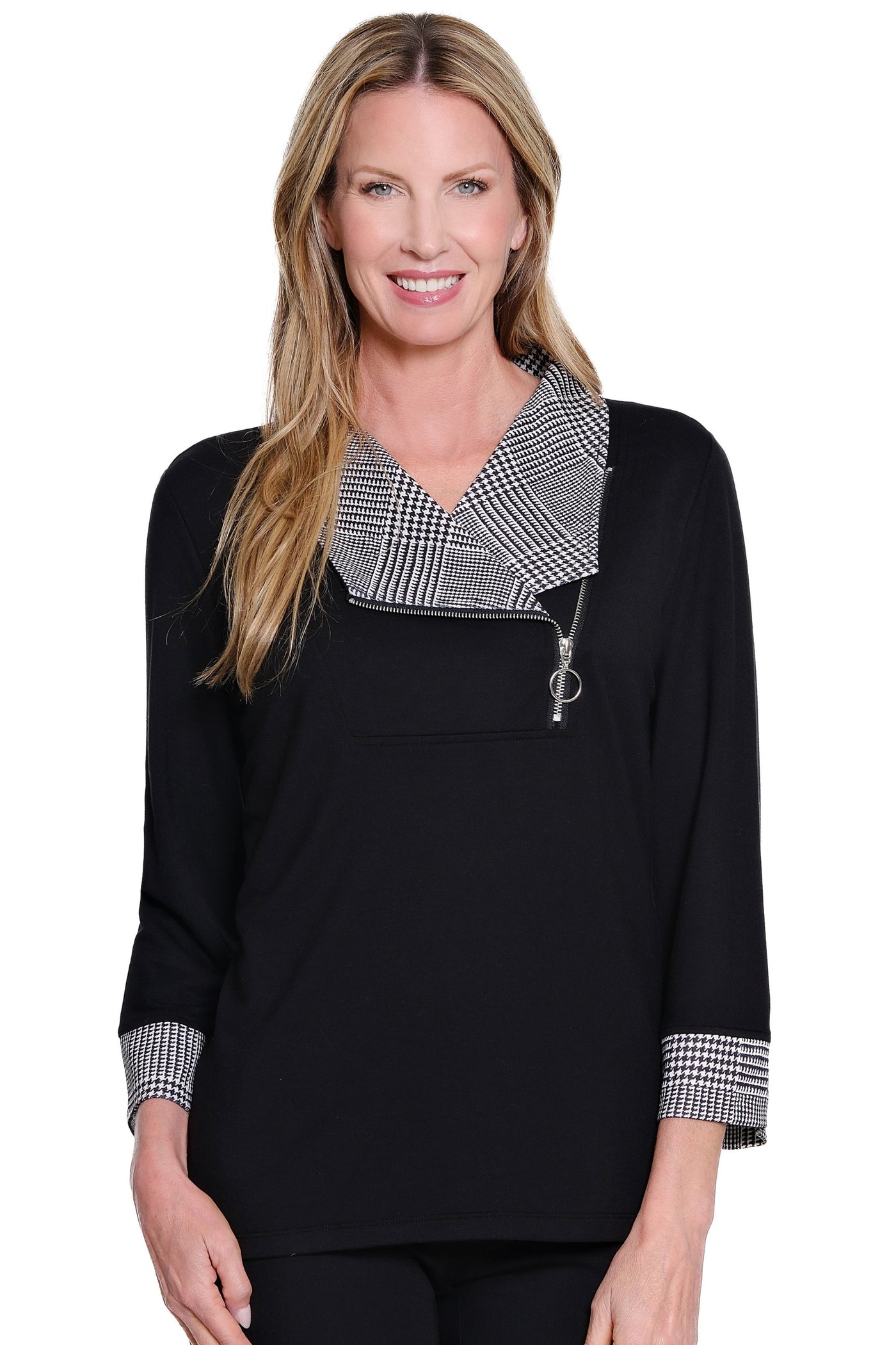 Plaid-Cuff Zip Collar Knit Top - Black