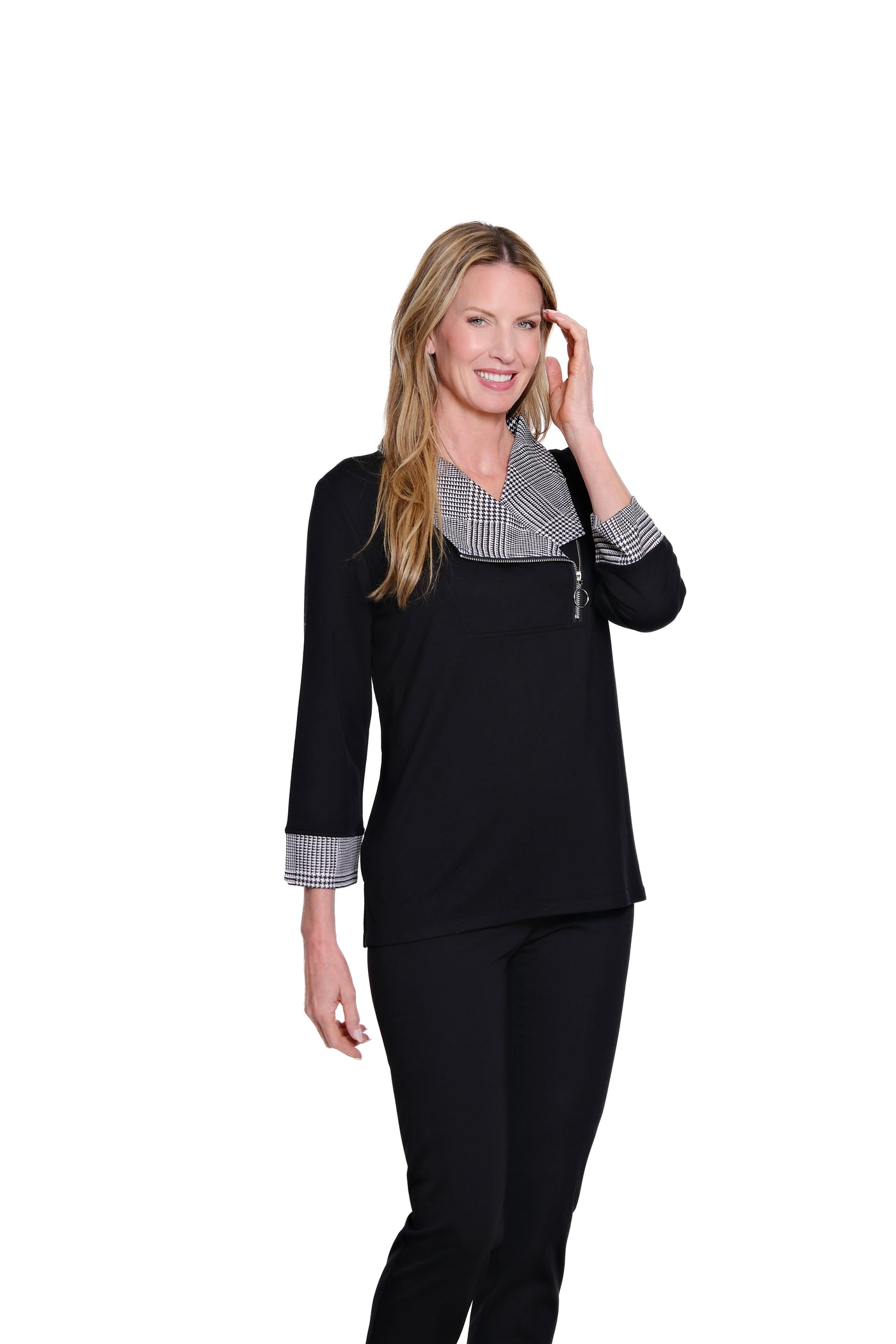 Plaid-Cuff Zip Collar Knit Top - Black