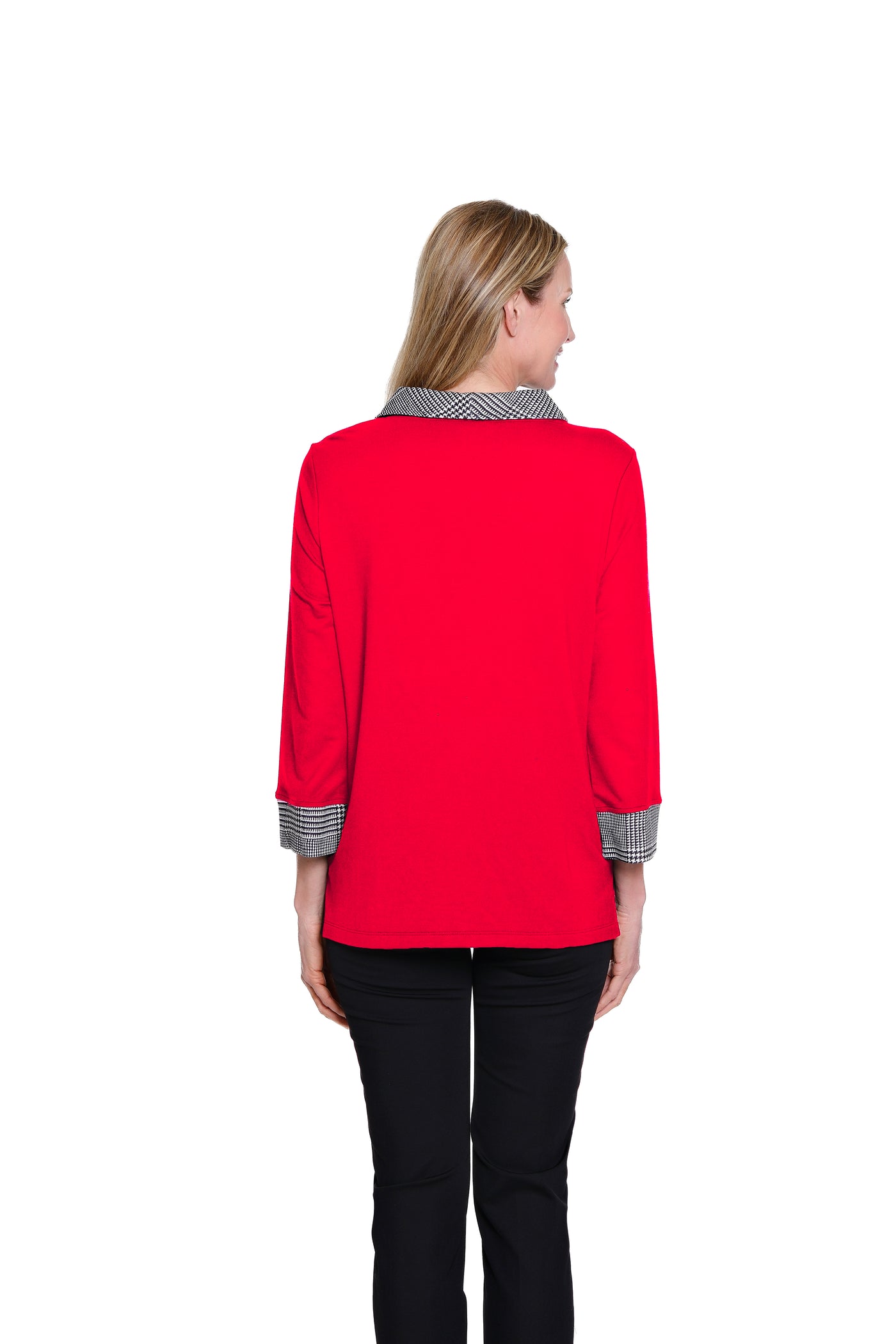 Plaid-Cuff Zip Collar Knit Top - Red