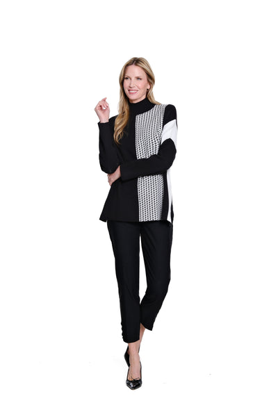 Jacquard Mock Neck Knit Top - Black/Winter White