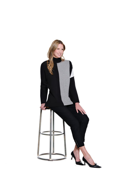 Jacquard Mock Neck Knit Top - Black/Winter White