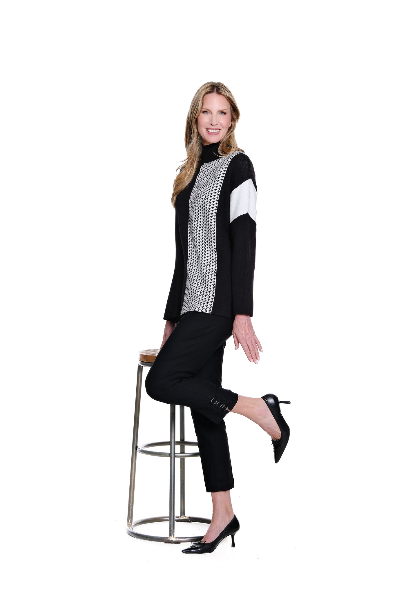 Jacquard Mock Neck Knit Top - Black/Winter White