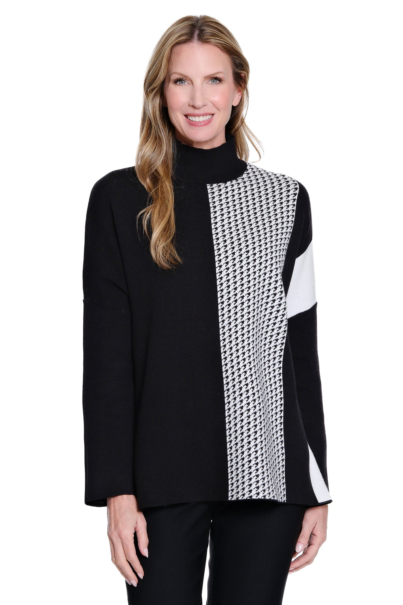 Jacquard Mock Neck Knit Top - Black/Winter White