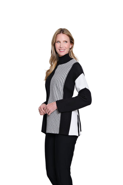 Jacquard Mock Neck Knit Top - Black/Winter White