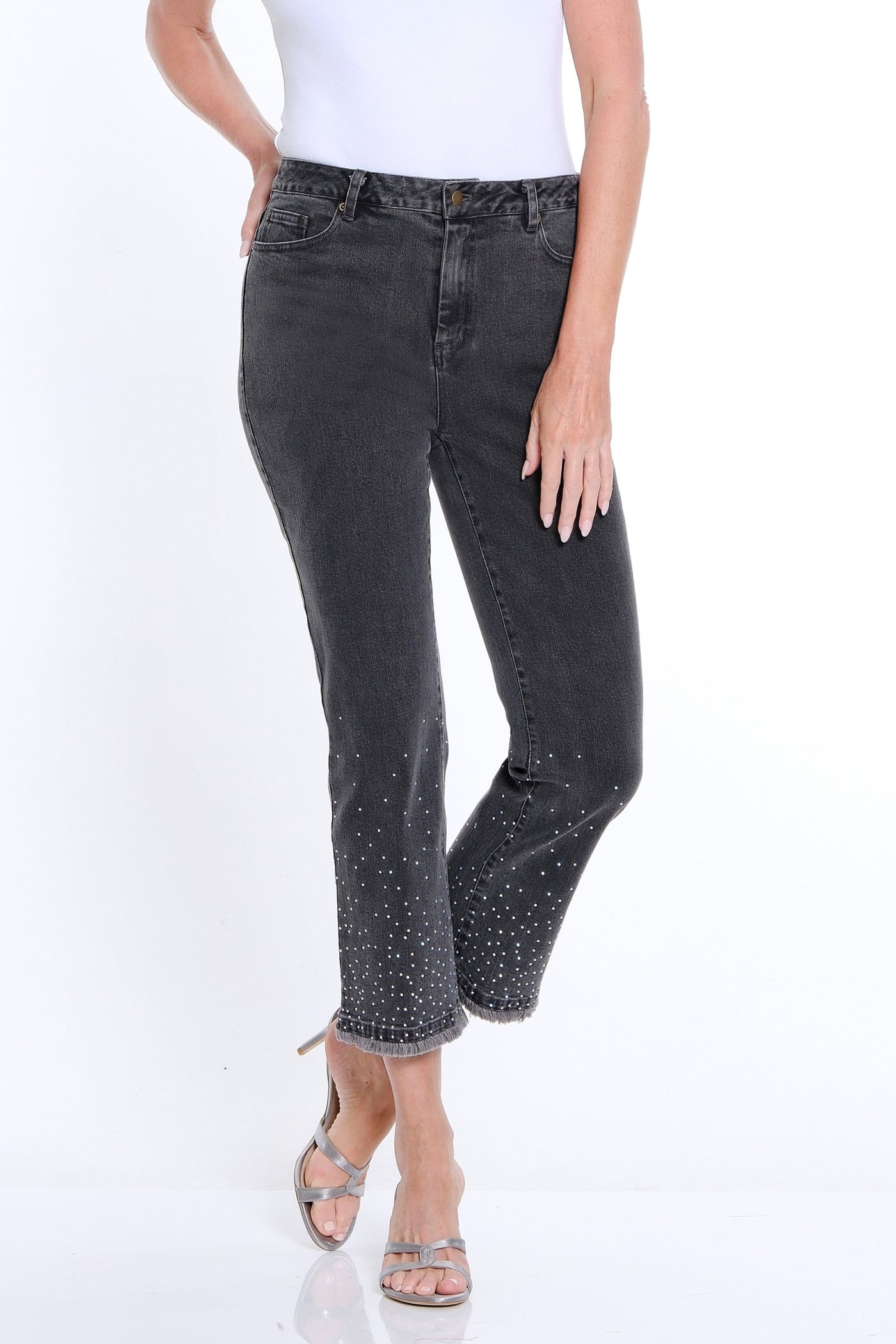 Embellished Flare Ankle Jean - Light Grey Denim
