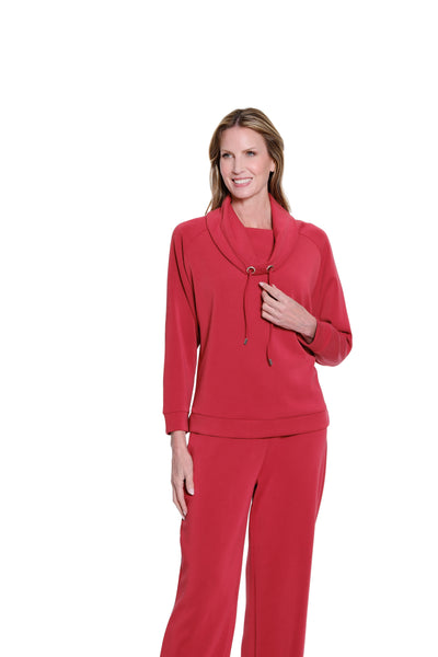 Drawstring Cowl Collar Knit Top - Plus - Crimson
