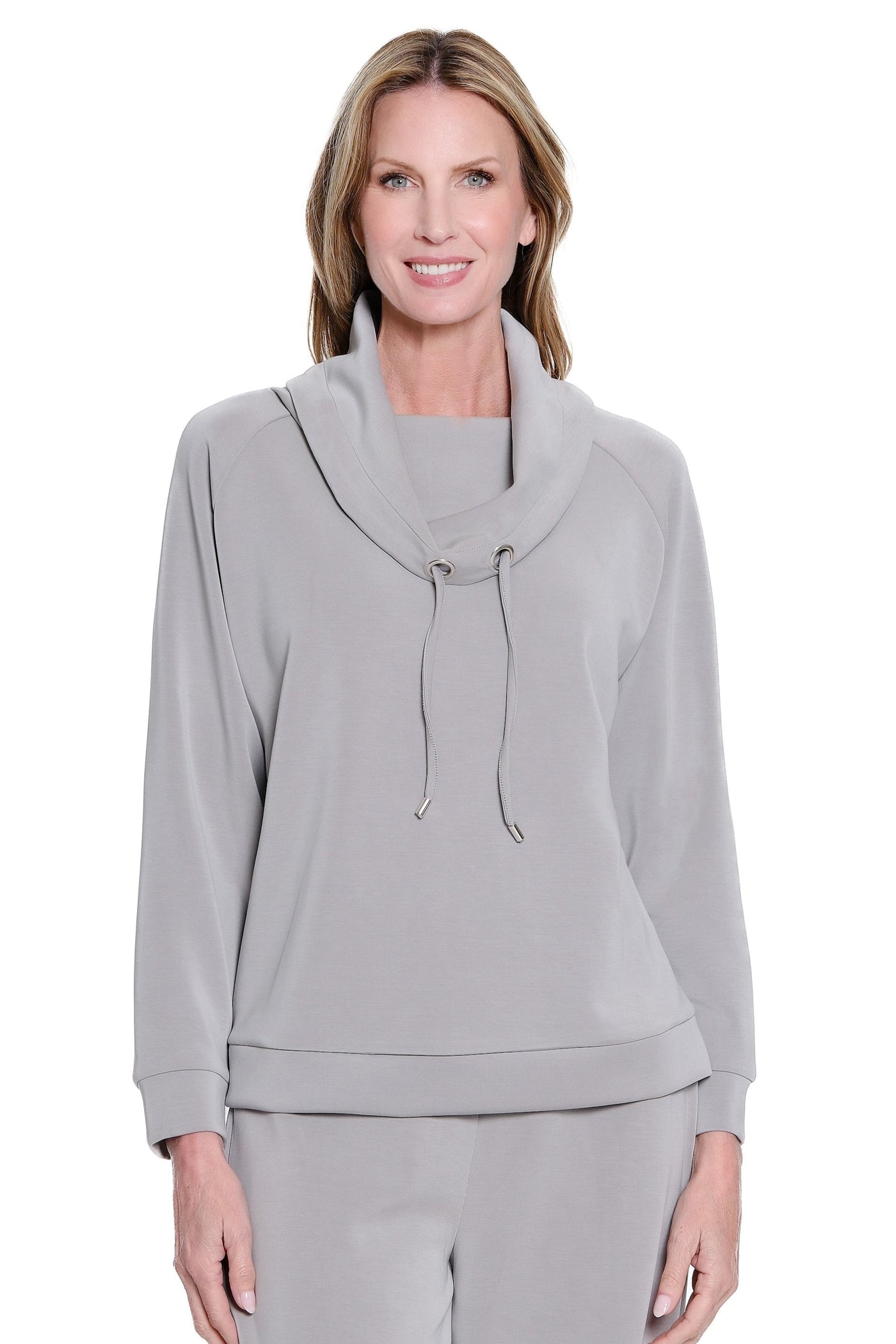 Drawstring Cowl Collar Knit Top - Plus - Frost Grey