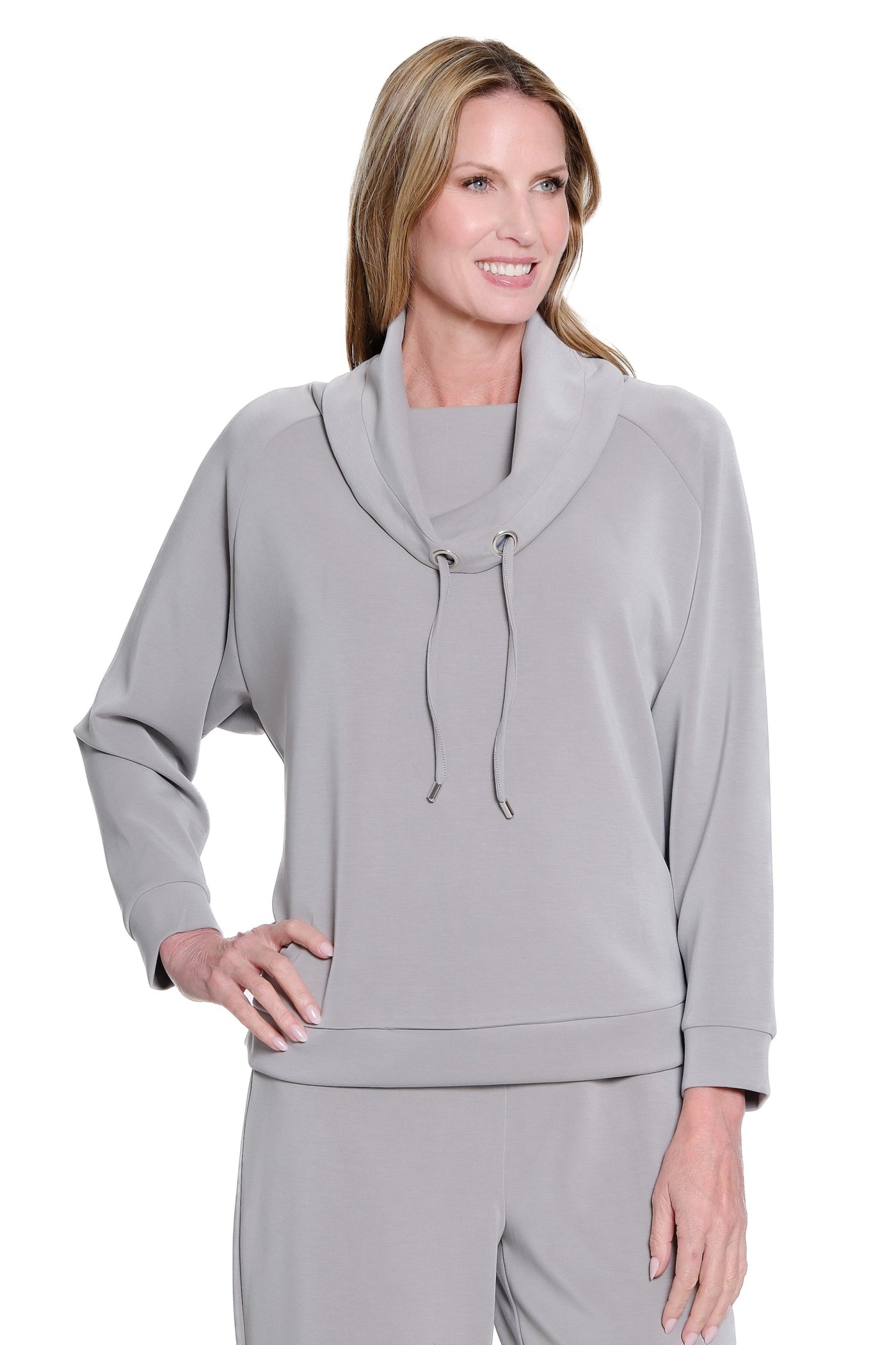 Drawstring Cowl Collar Knit Top - Plus - Frost Grey