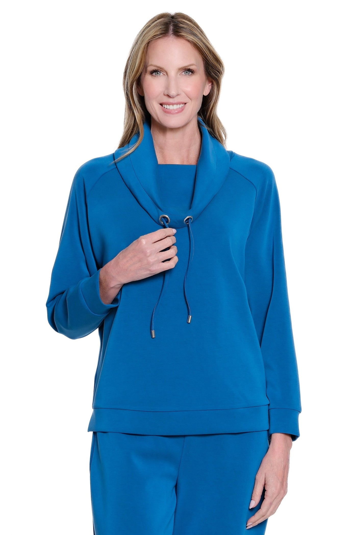 Drawstring Cowl Collar Knit Top - Plus - Peacock