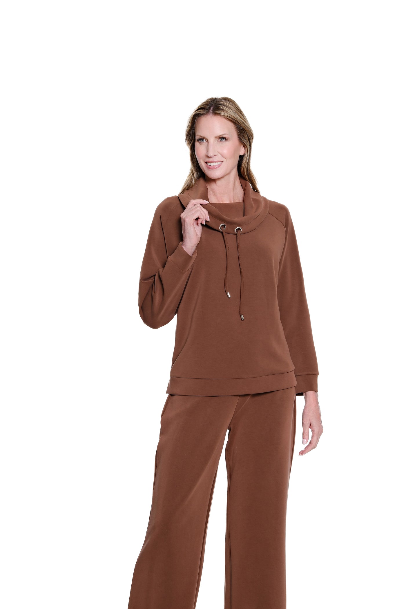 Drawstring Cowl Collar Knit Top - Plus - Rich Chocolate