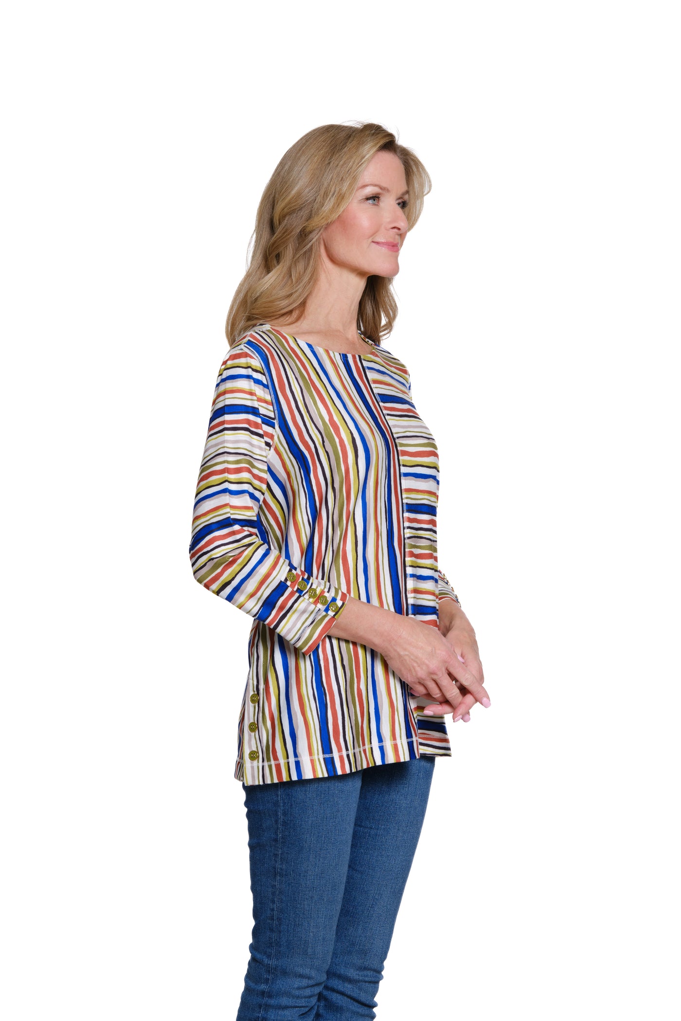 Faux Button Placket Slub Knit Top - Petite - Multi
