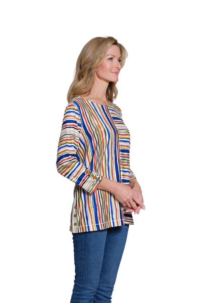 Faux Button Placket Slub Knit Top - Petite - Multi