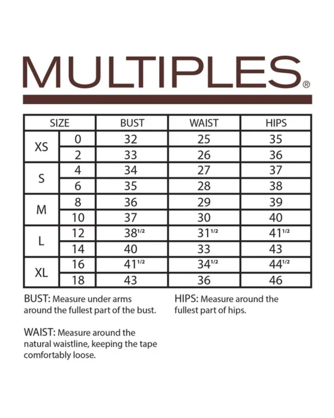 Multiples Missy size chart