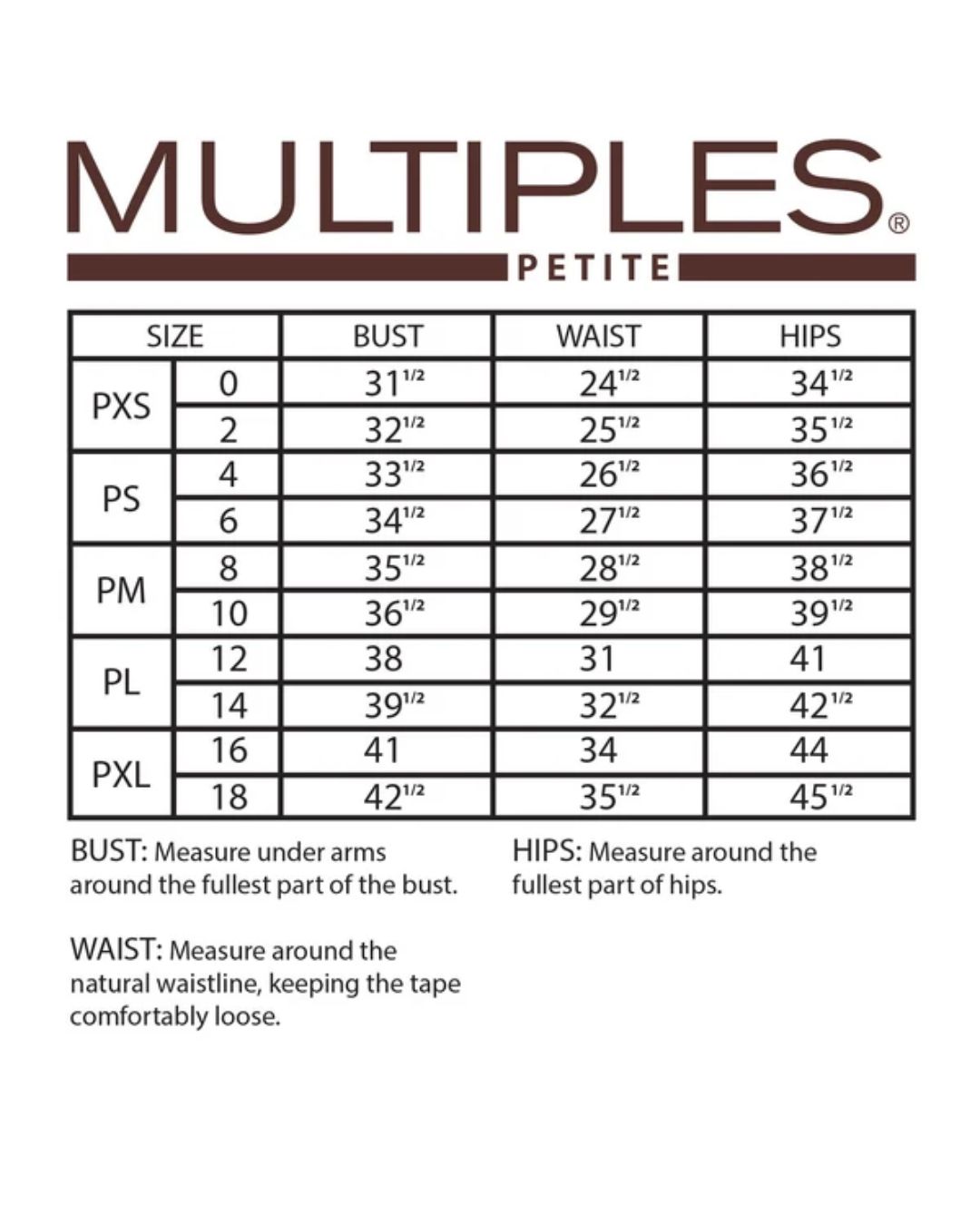Multiples Petite size chart