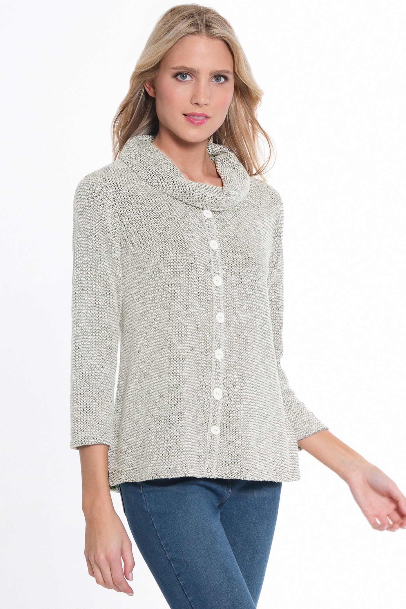 3/4 Sleeve Cowl Collar Faux Button Front Top - Women's- Winter White