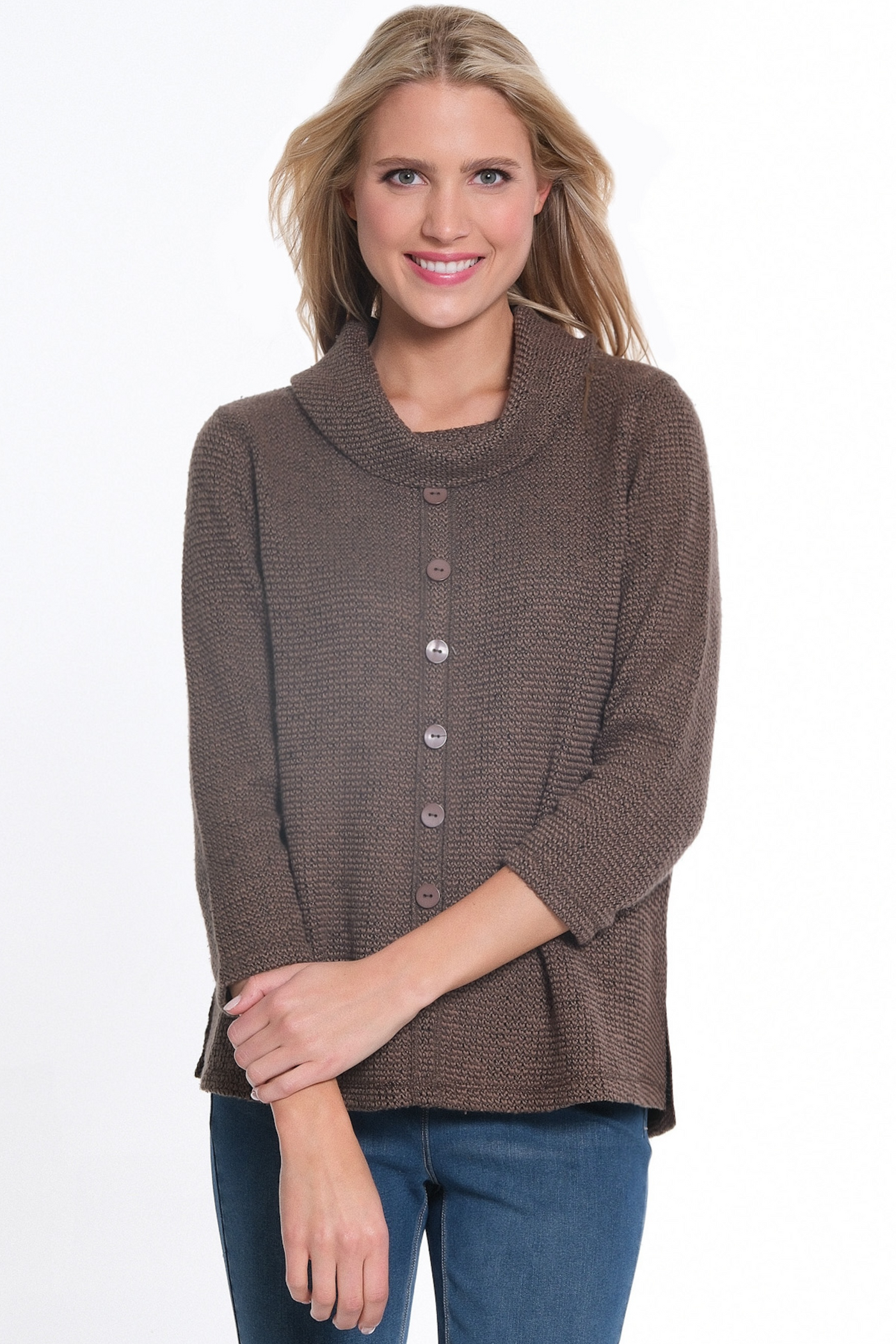 3/4 Sleeve Cowl Collar Faux Button Front Top - Women's -Truffle