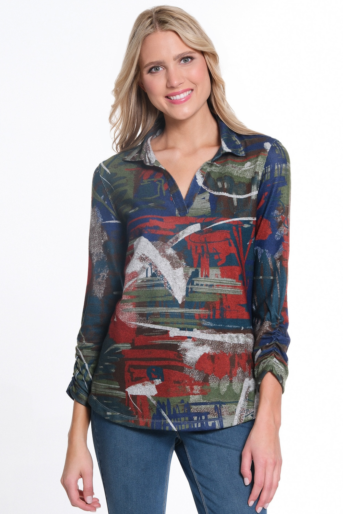 Double Bungee 3/4 Sleeve Johnny Collar P/O Top - Women's - Abstract Multi