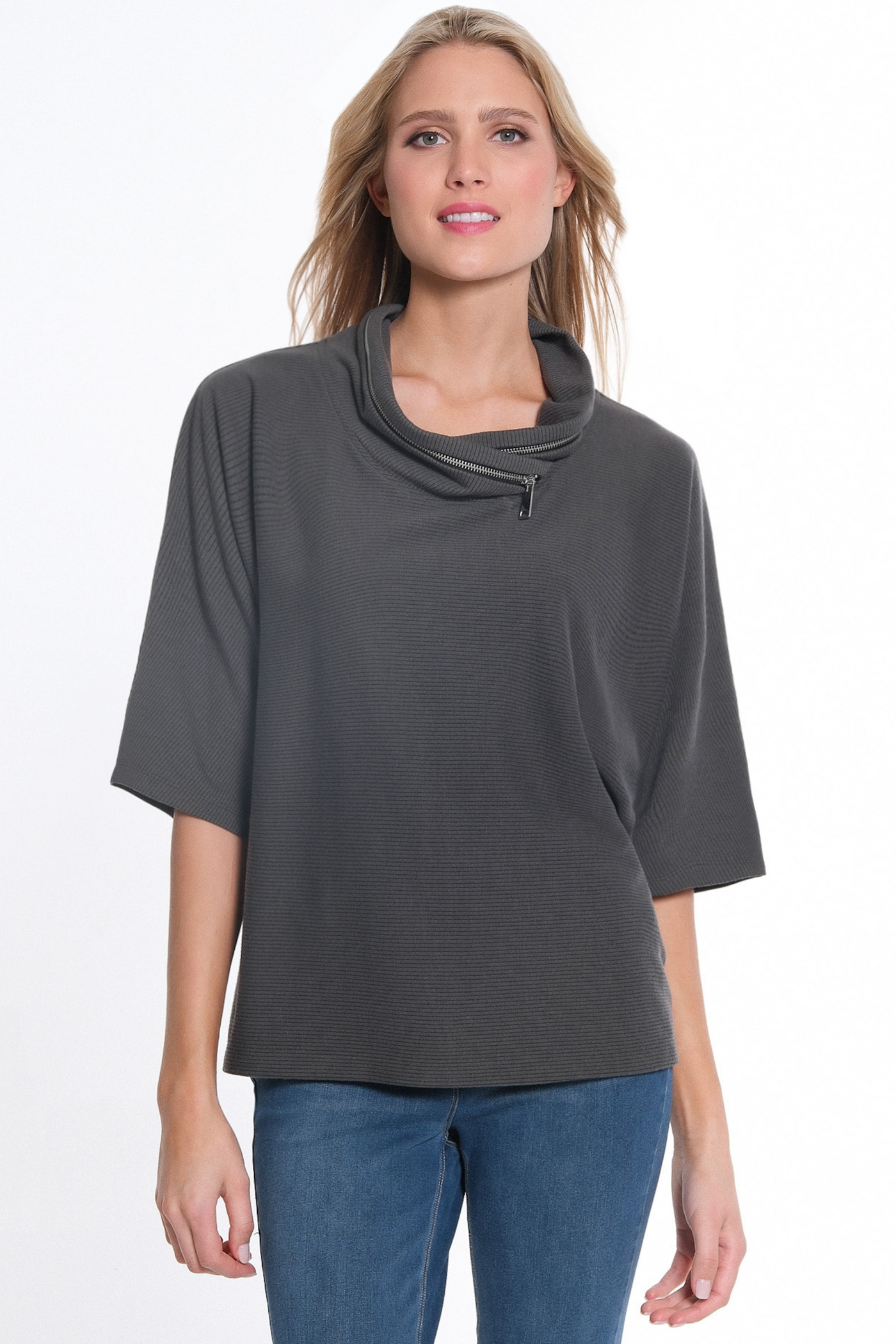 Elbow Dolman Sleeve Zip Cowl Collar Hi-Lo Top - Women's -Dark Platinum