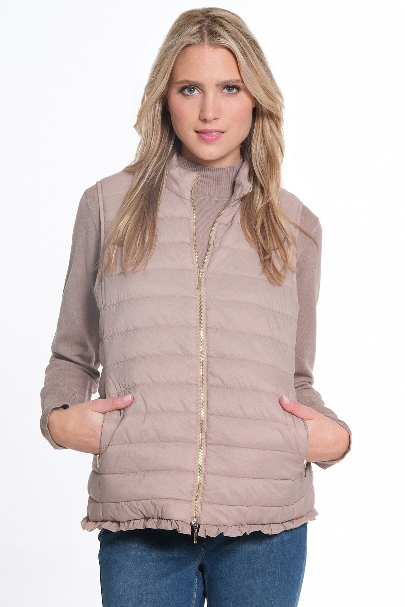 Zip Thru Collar Zip Pocket Quilted Vest - Stone