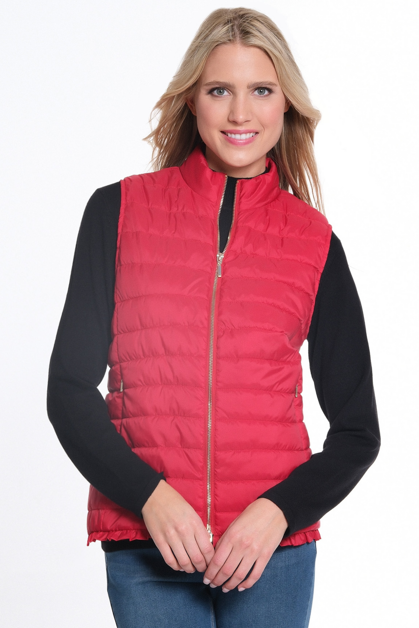 Zip Thru Collar Zip Pocket Quilted Vest - Vivid Red