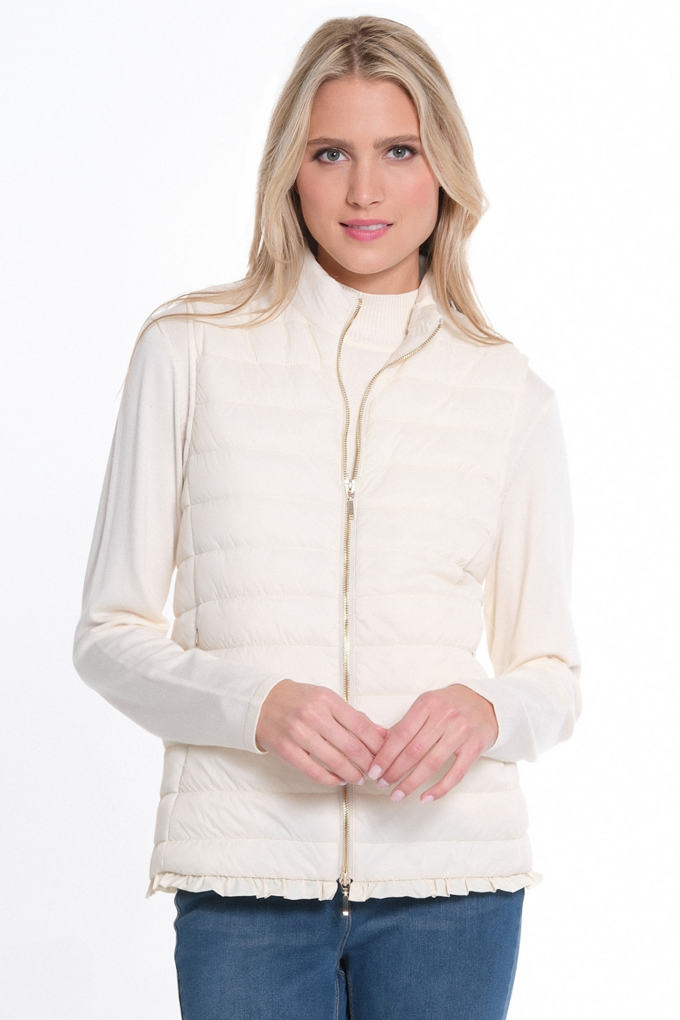 Zip Thru Collar Zip Pocket Quilted Vest - Winter White