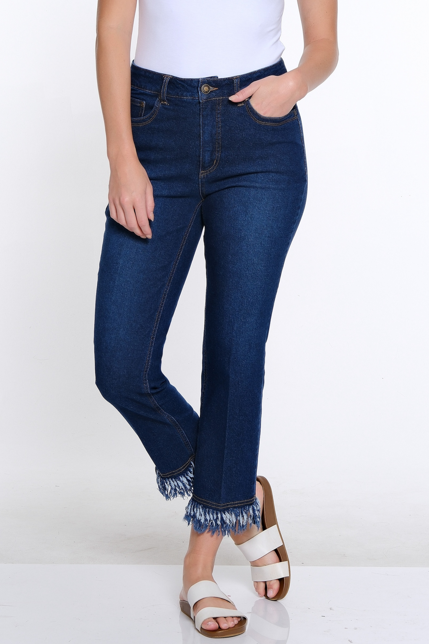 5 Pocket Fringe Hem Pant- Dark Indigo