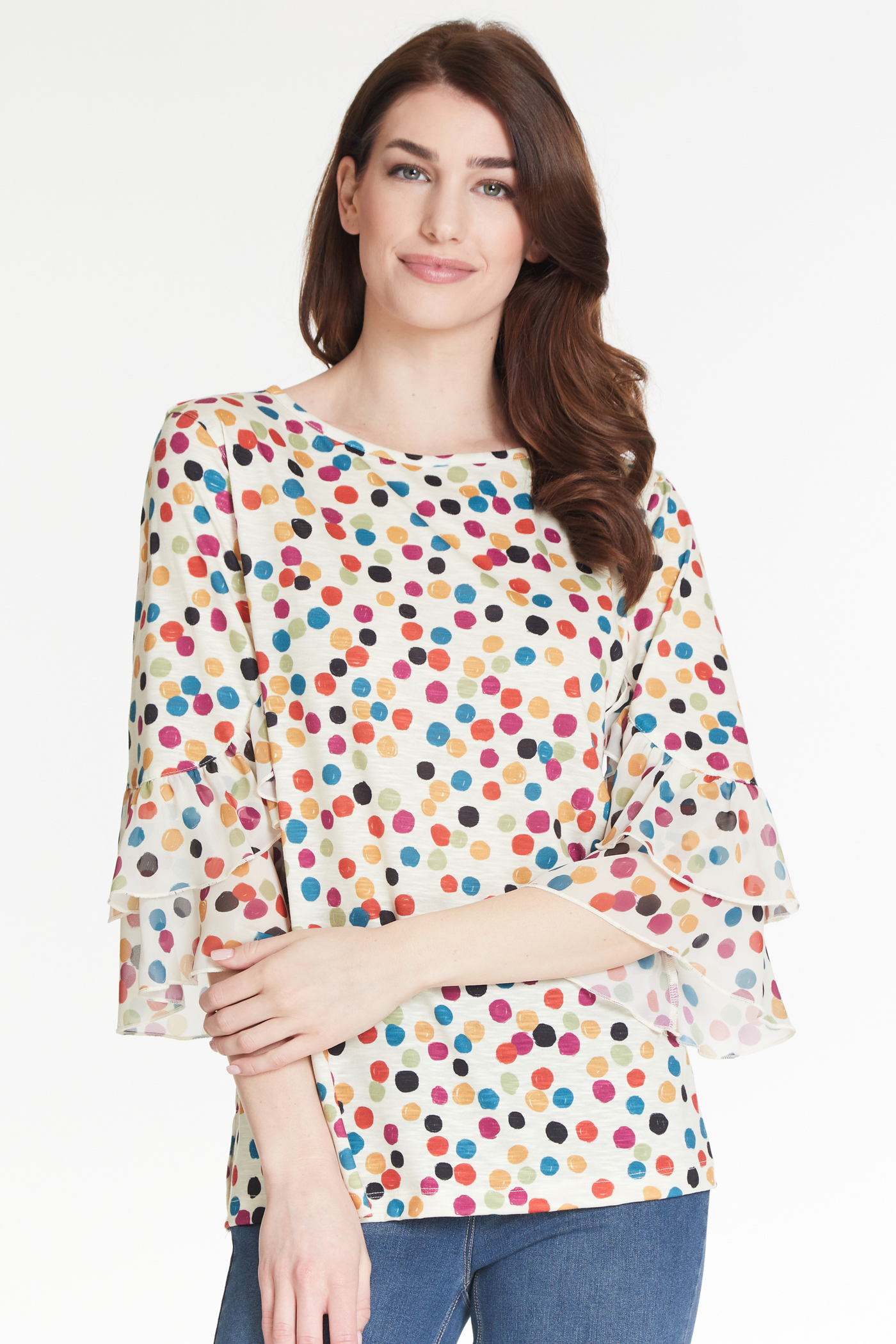 Ruffle Sleeve Knit Top - Women's - Dot Multi