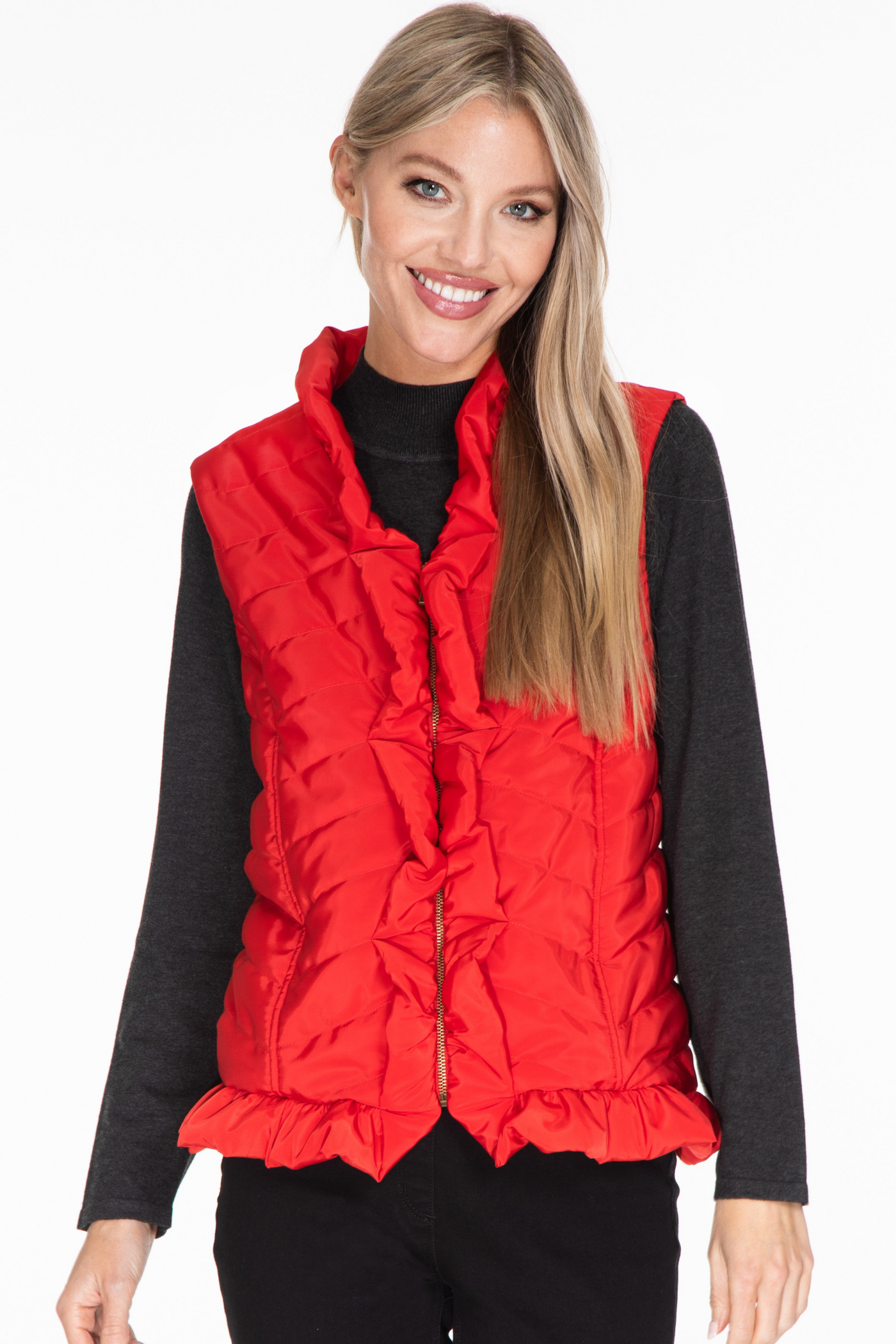 Ruffle Trim Quilted Vest - Ruby Red