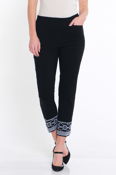 PULL-ON ANKLE PANT with Embroidered Hem - Black