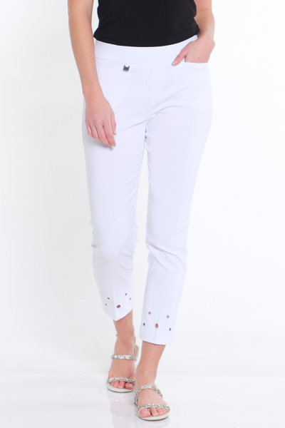 Ankle Pant with Circle Embroidered Hem - White