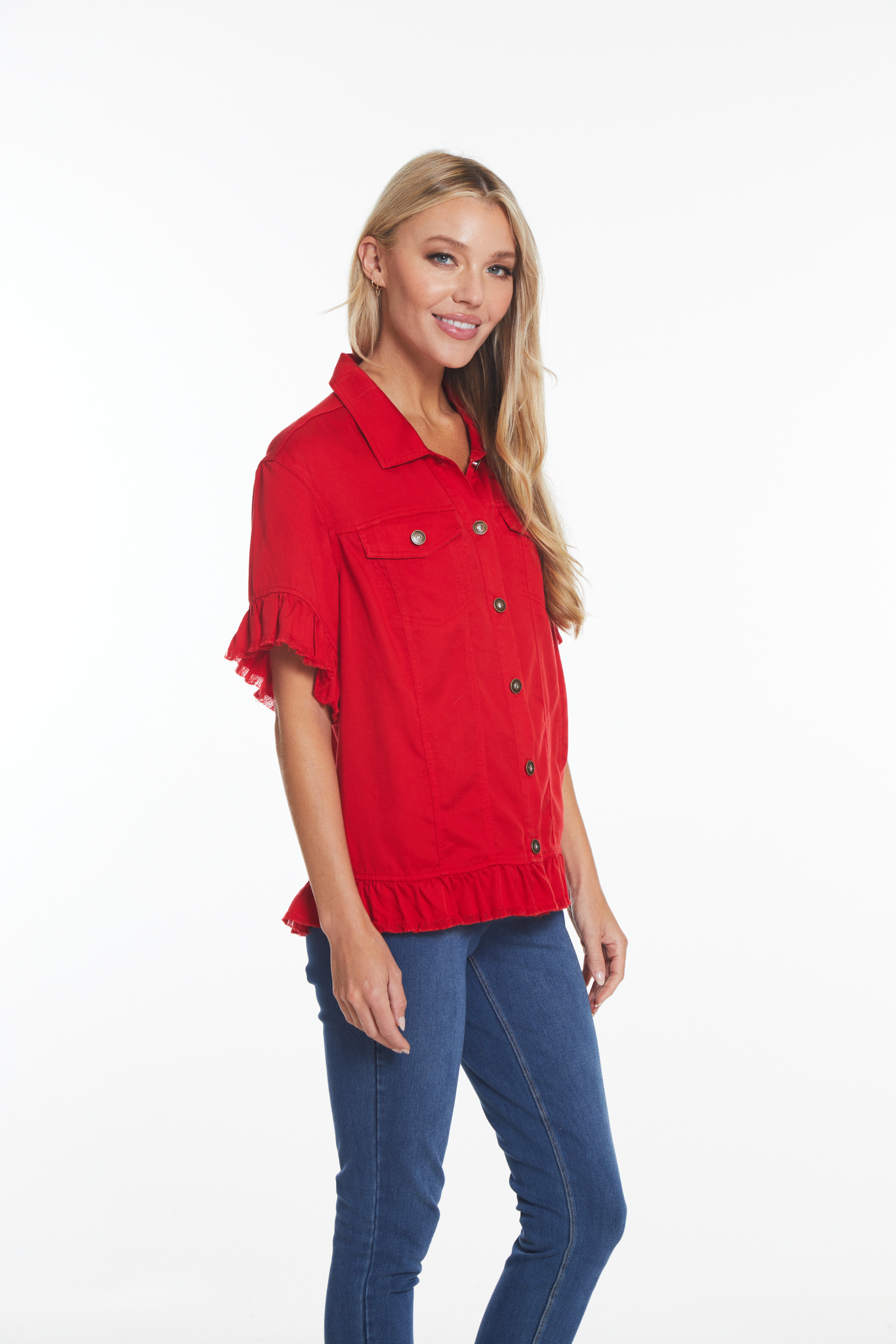 Ruffle Short Sleeve Denim & Twill Jacket - Red