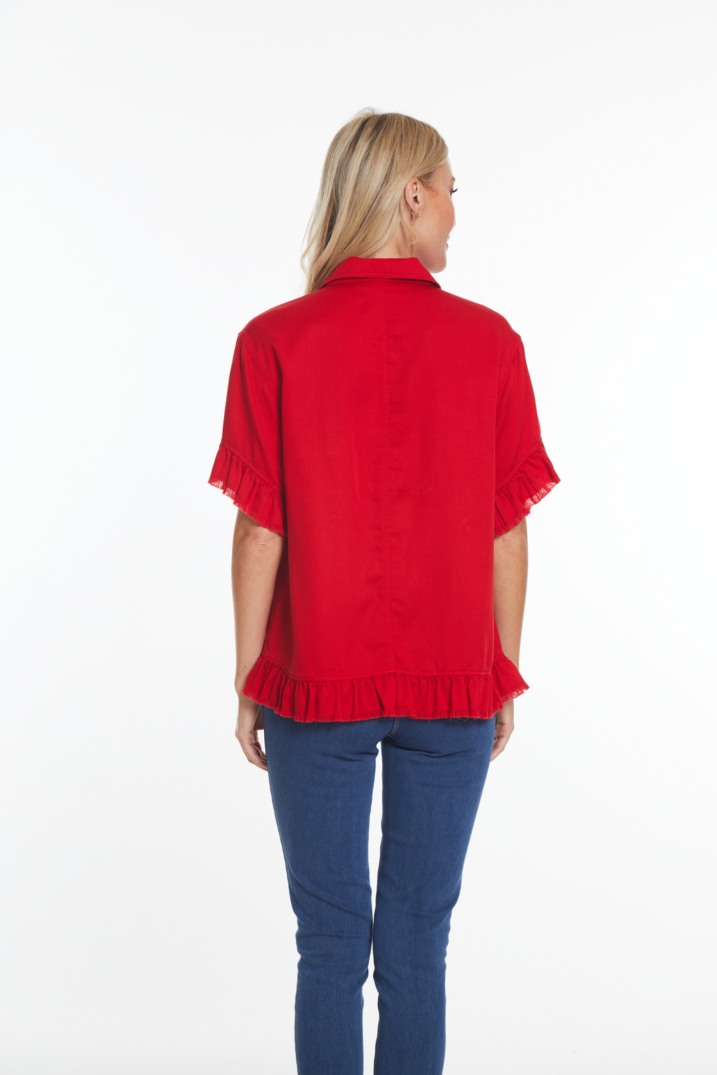 Ruffle Short Sleeve Denim & Twill Jacket - Red