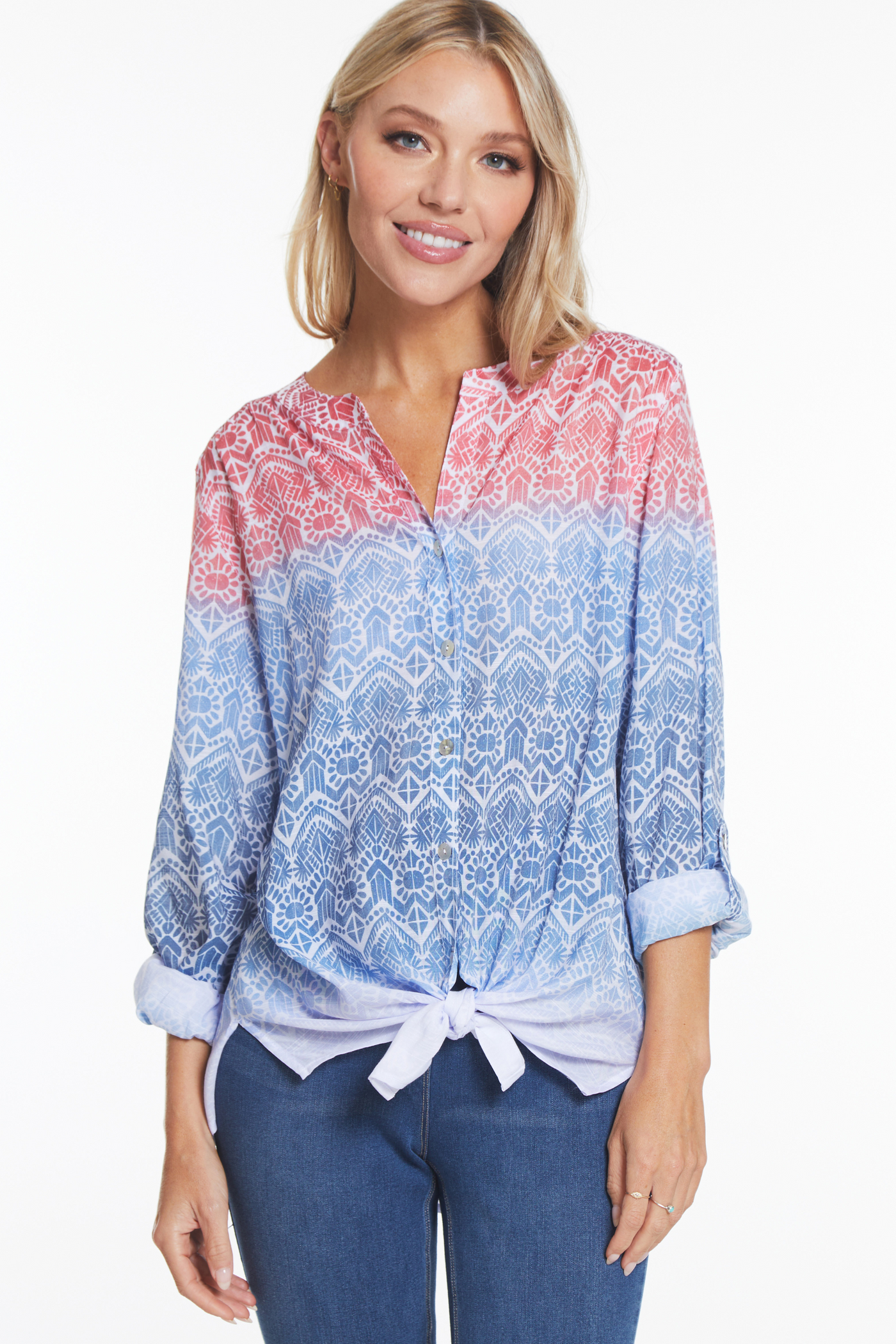 Tab Sleeve Button Front Woven Shirt - Women's  - Multi