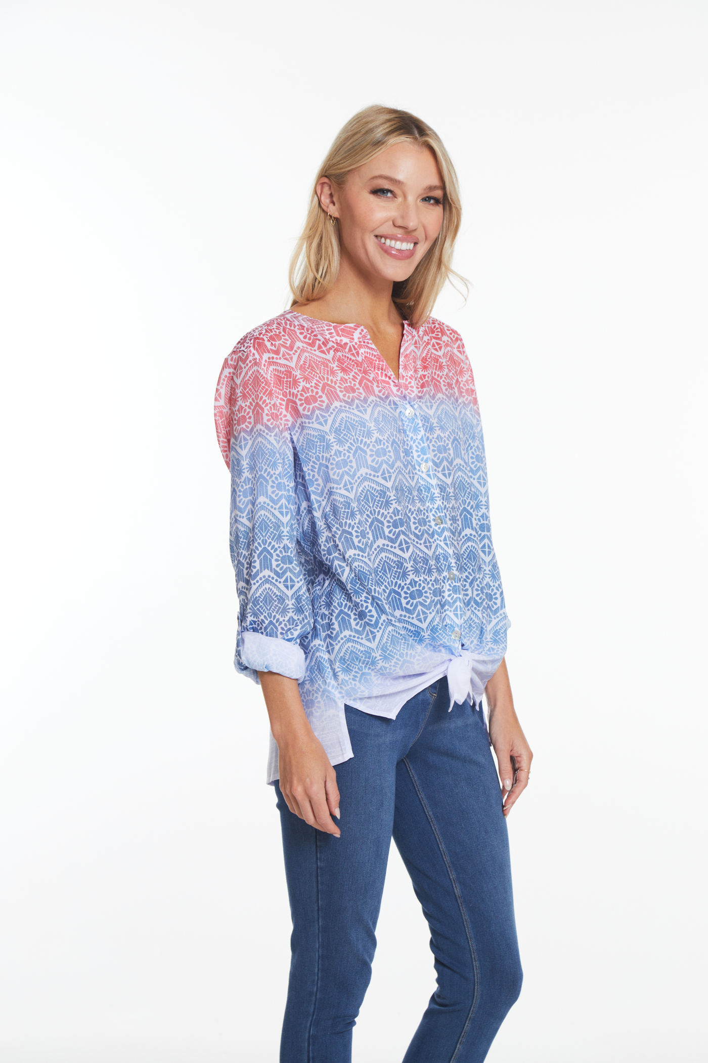 Tab Sleeve Button Front Woven Shirt - Women's  - Multi