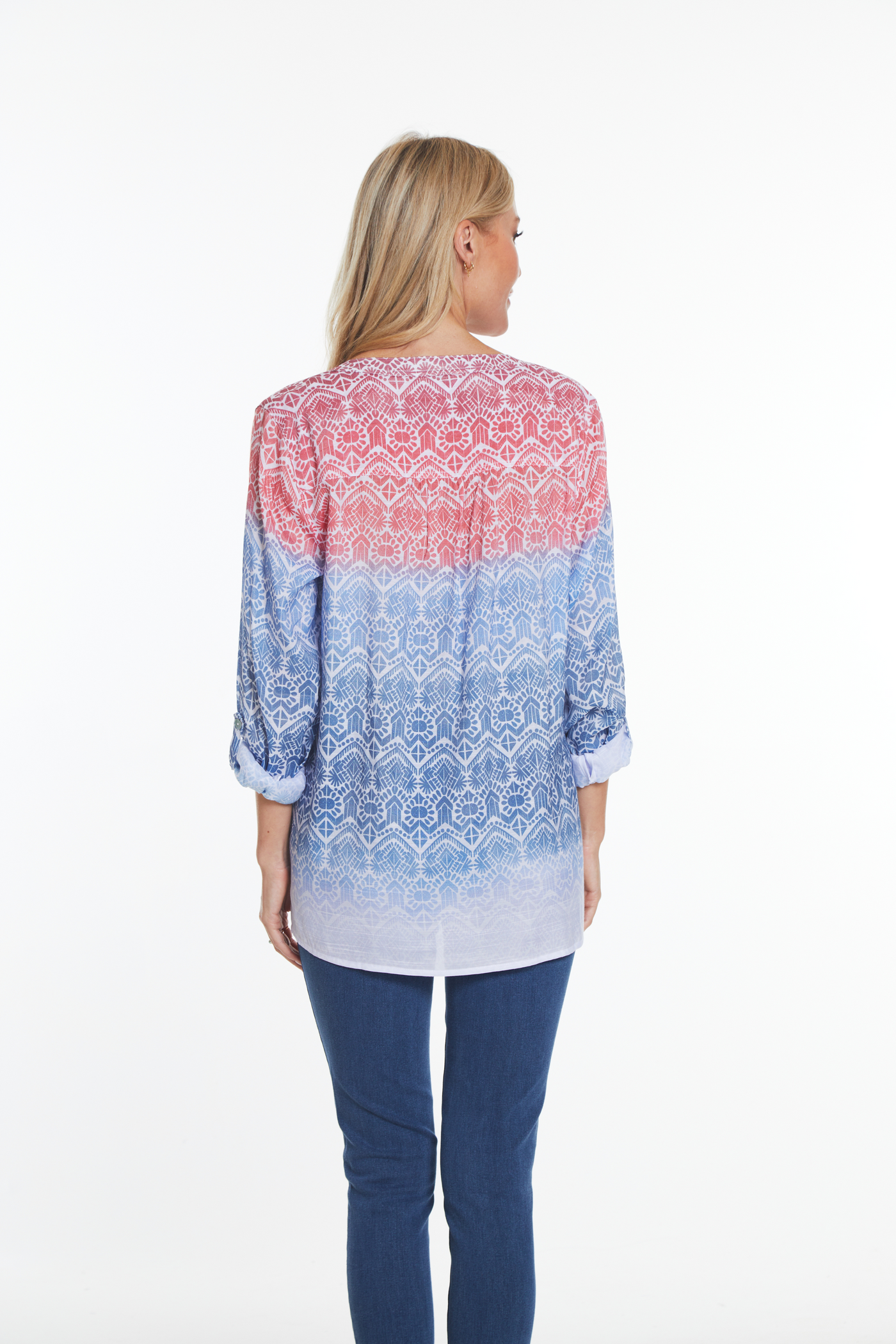 Tab Sleeve Button Front Woven Shirt - Multi