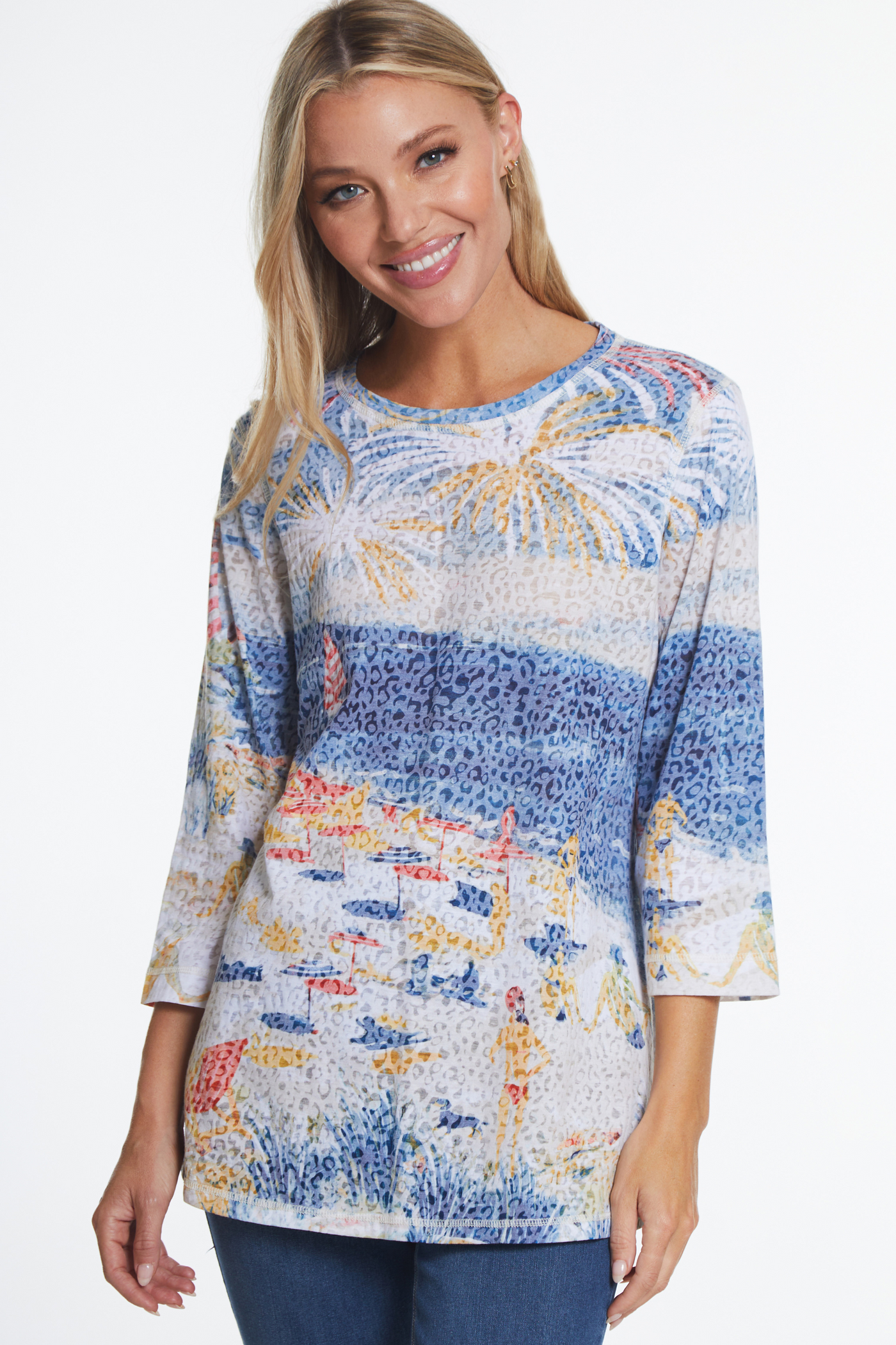 3/4 Sleeve Scene Print Knit Top - Women's - Multi