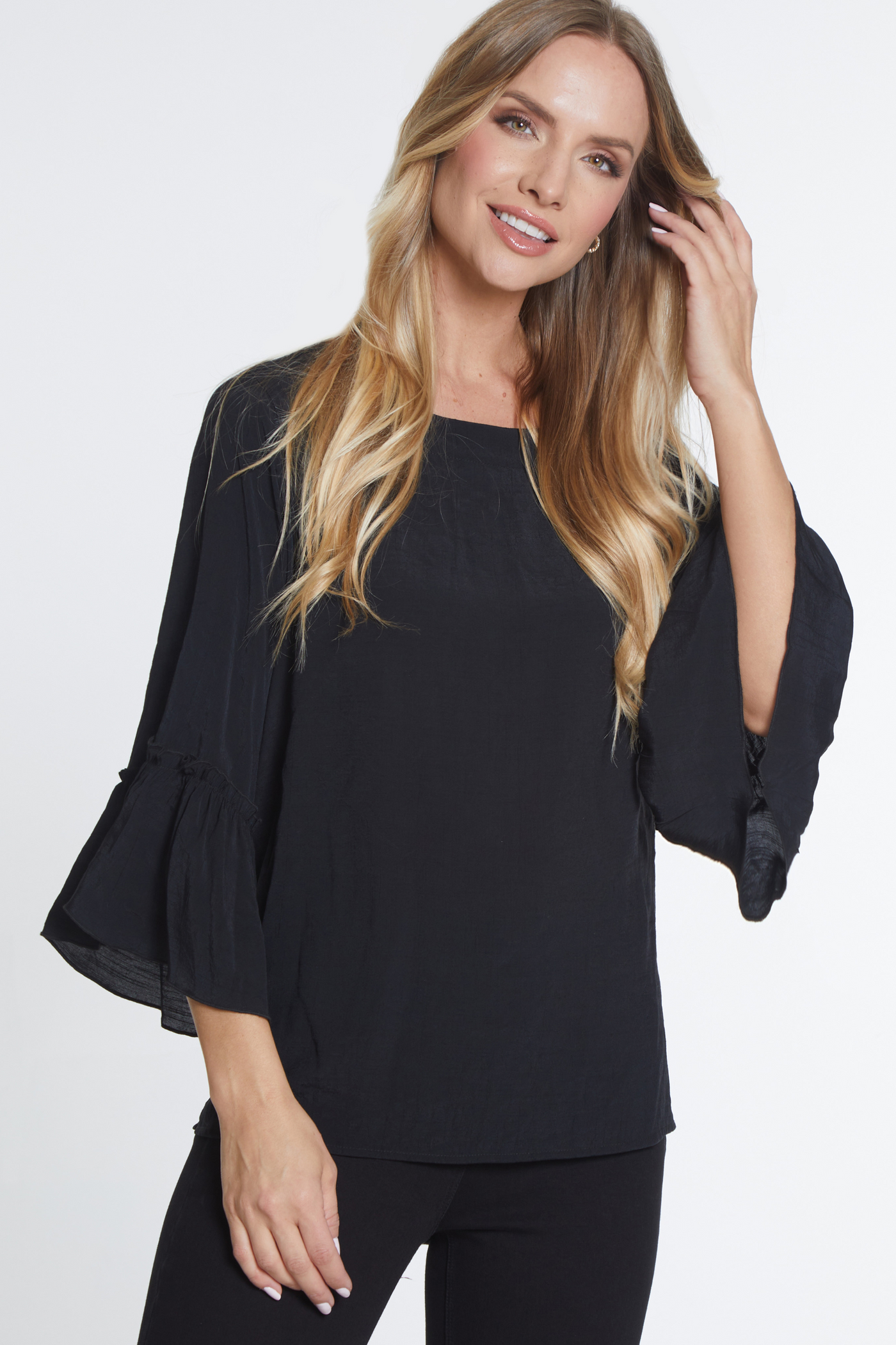 Flounce Sleeve Solid Top - Black