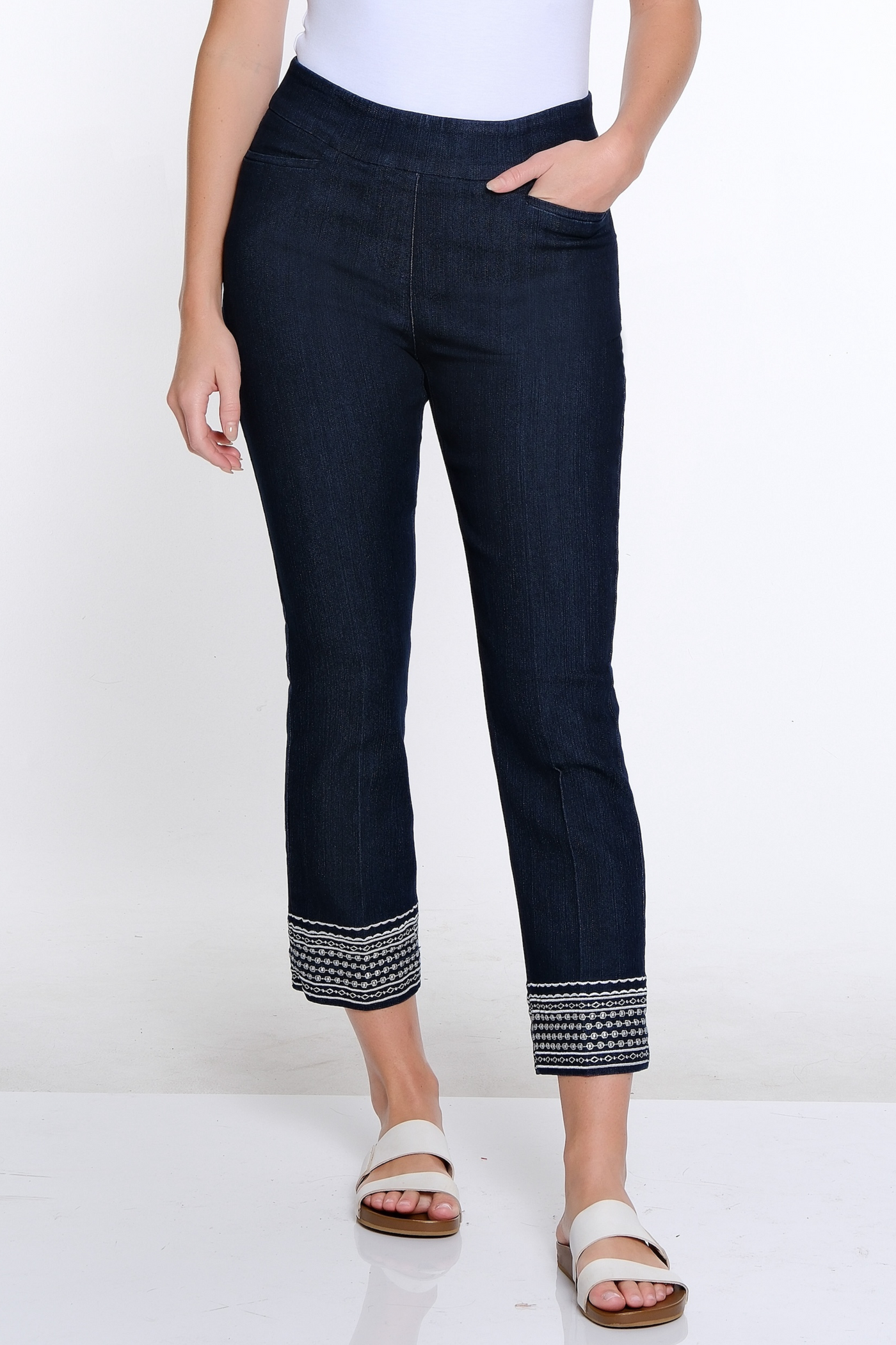 Embroidered Hem Ankle Pant- Denim