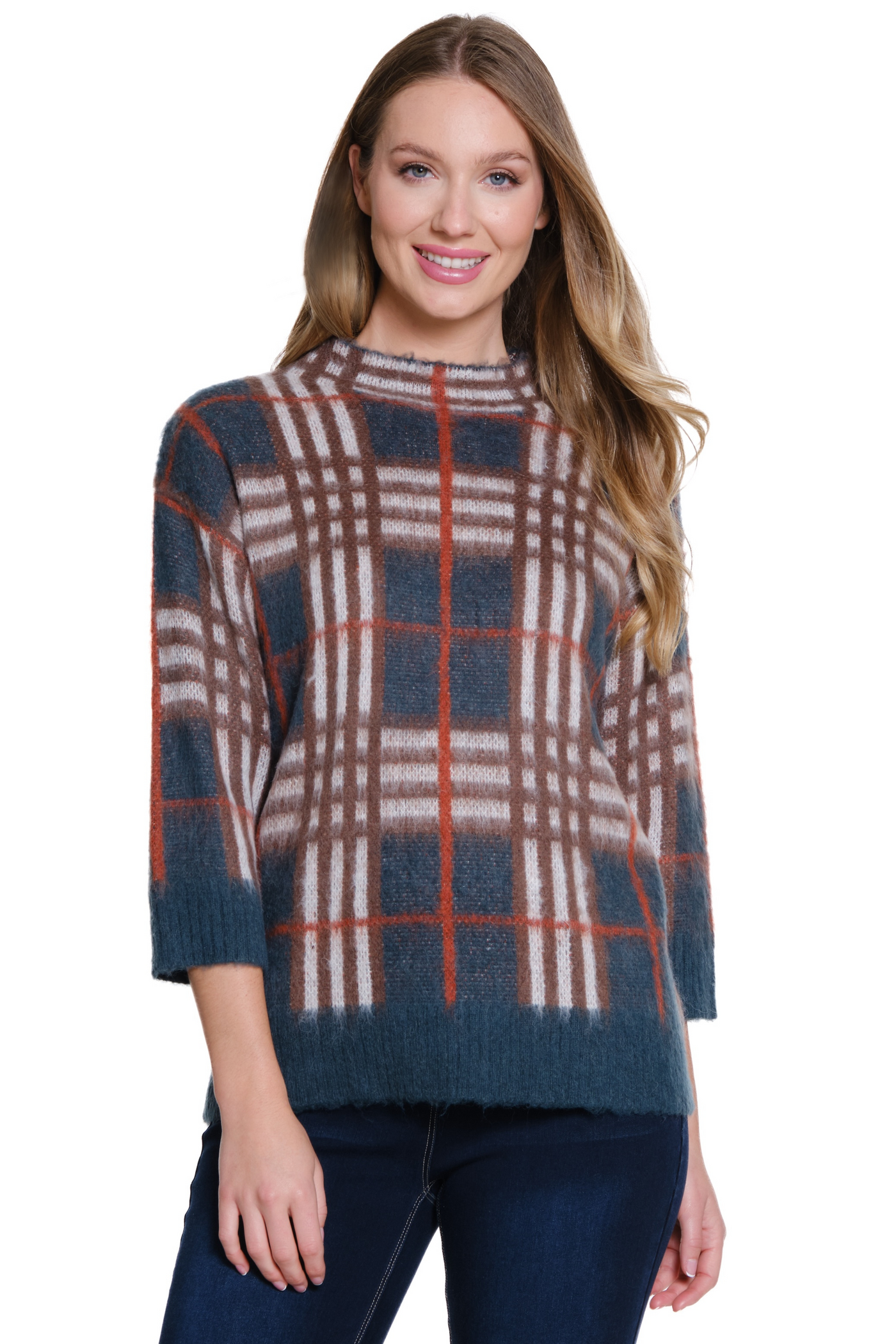 3/4 Sleeve Plaid Mock Neck Sweater - Rich Teal