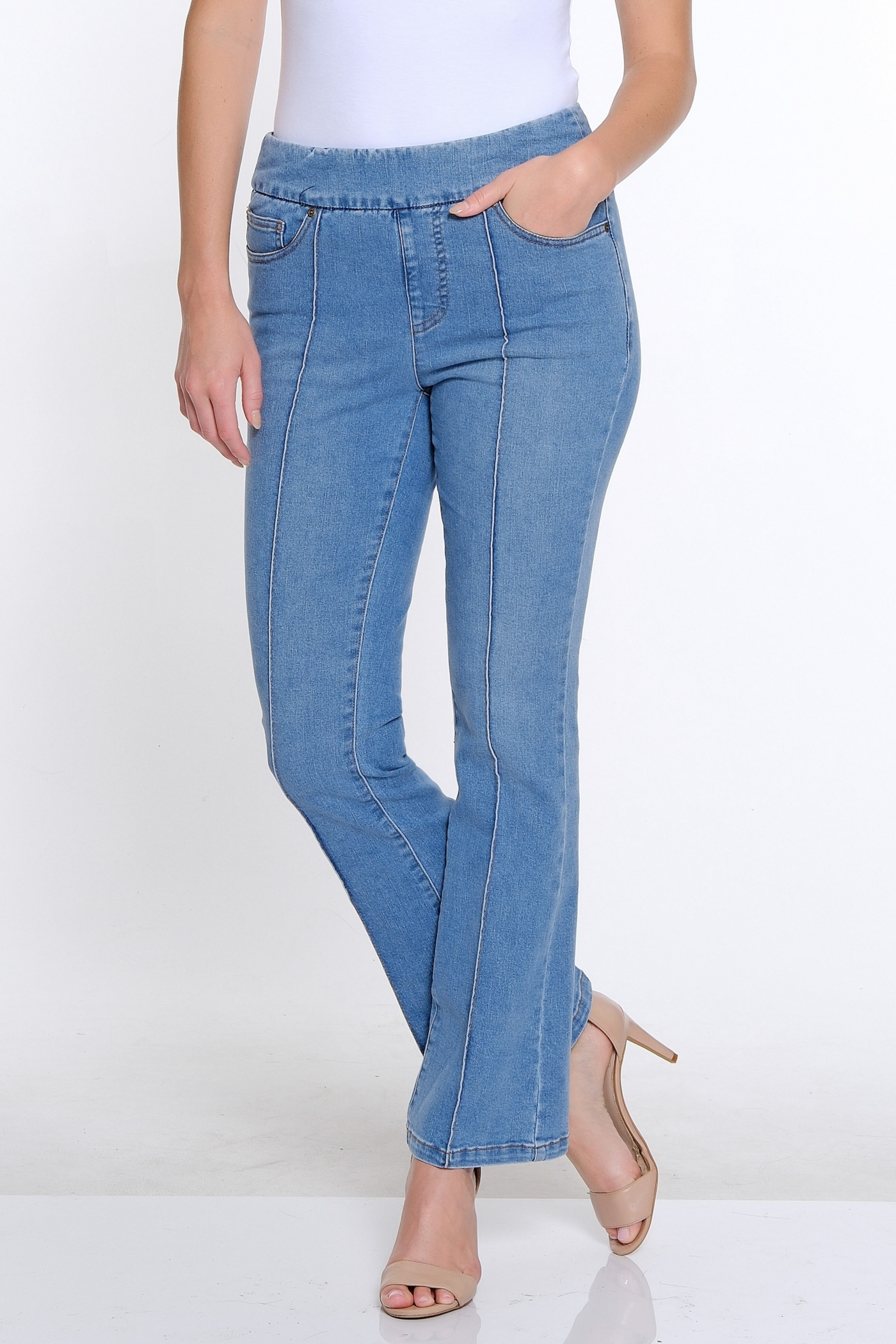 Pintuck Flare Leg Jean- Medium Indigo