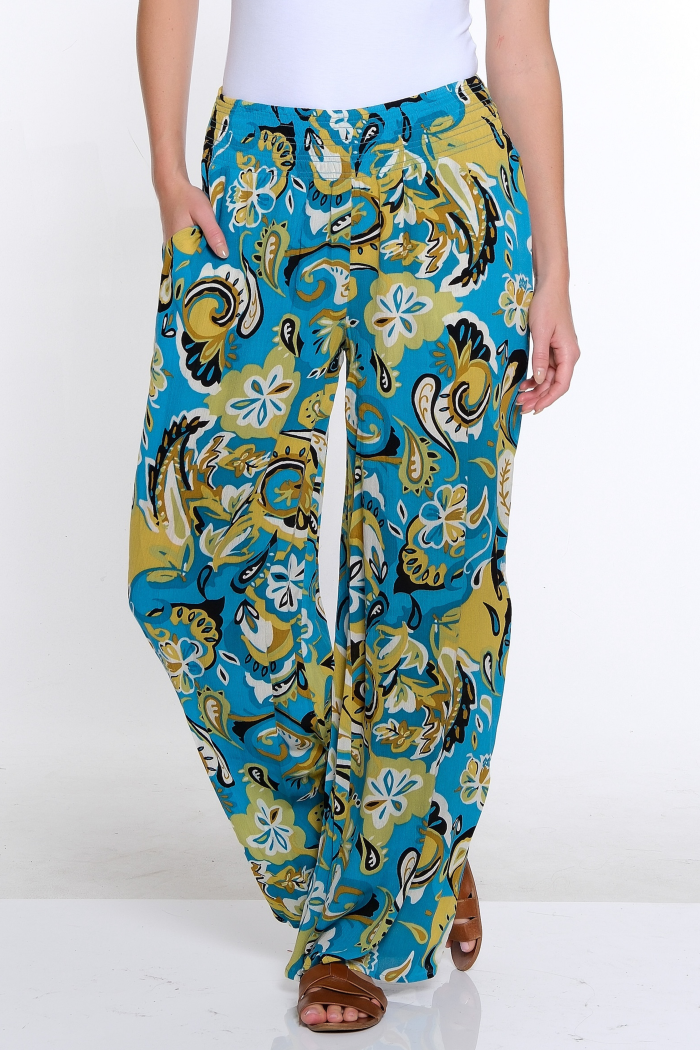 Plus Elastic Waist Wide Leg Pant- Paisley Multi