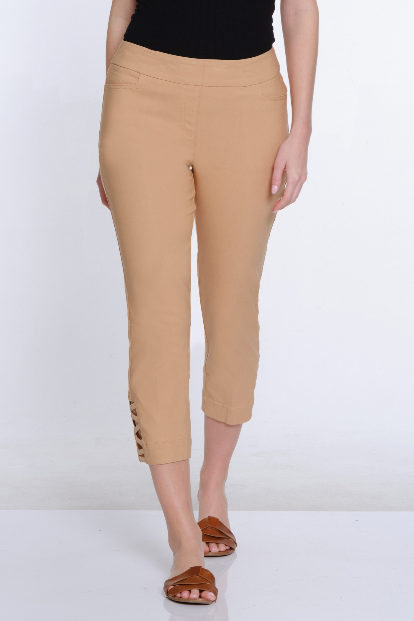 Twill Crop Pant with Zig-Zag Strap Hem - Camel