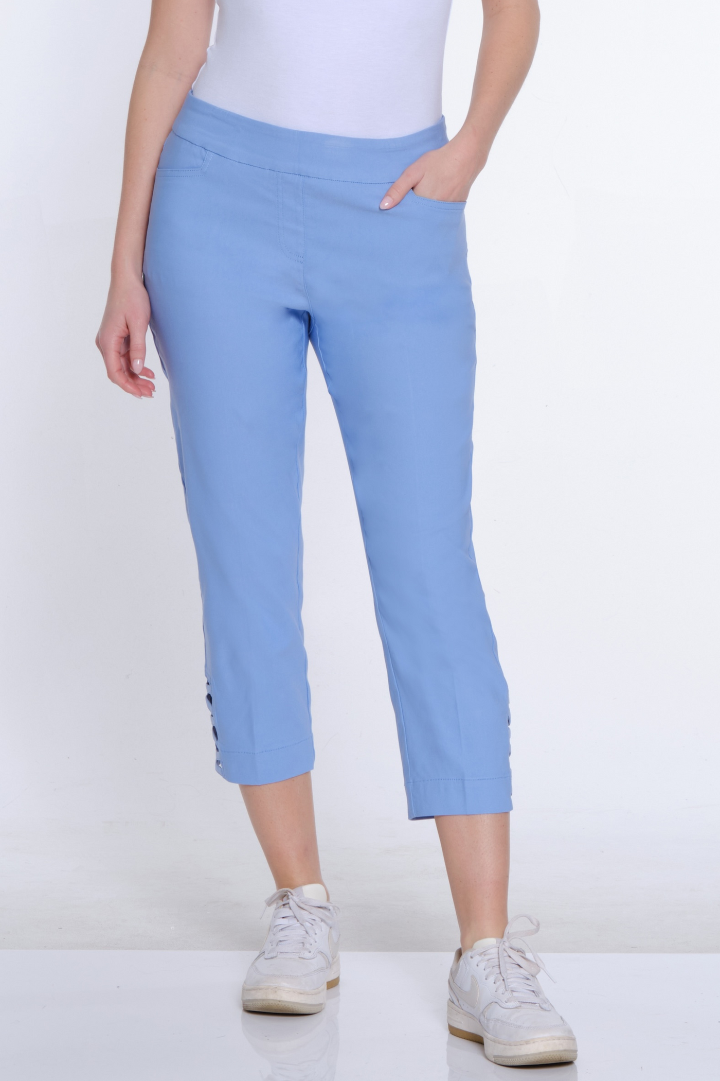 Twill Crop Pant with Zig-Zag Strap Hem - Cornflower