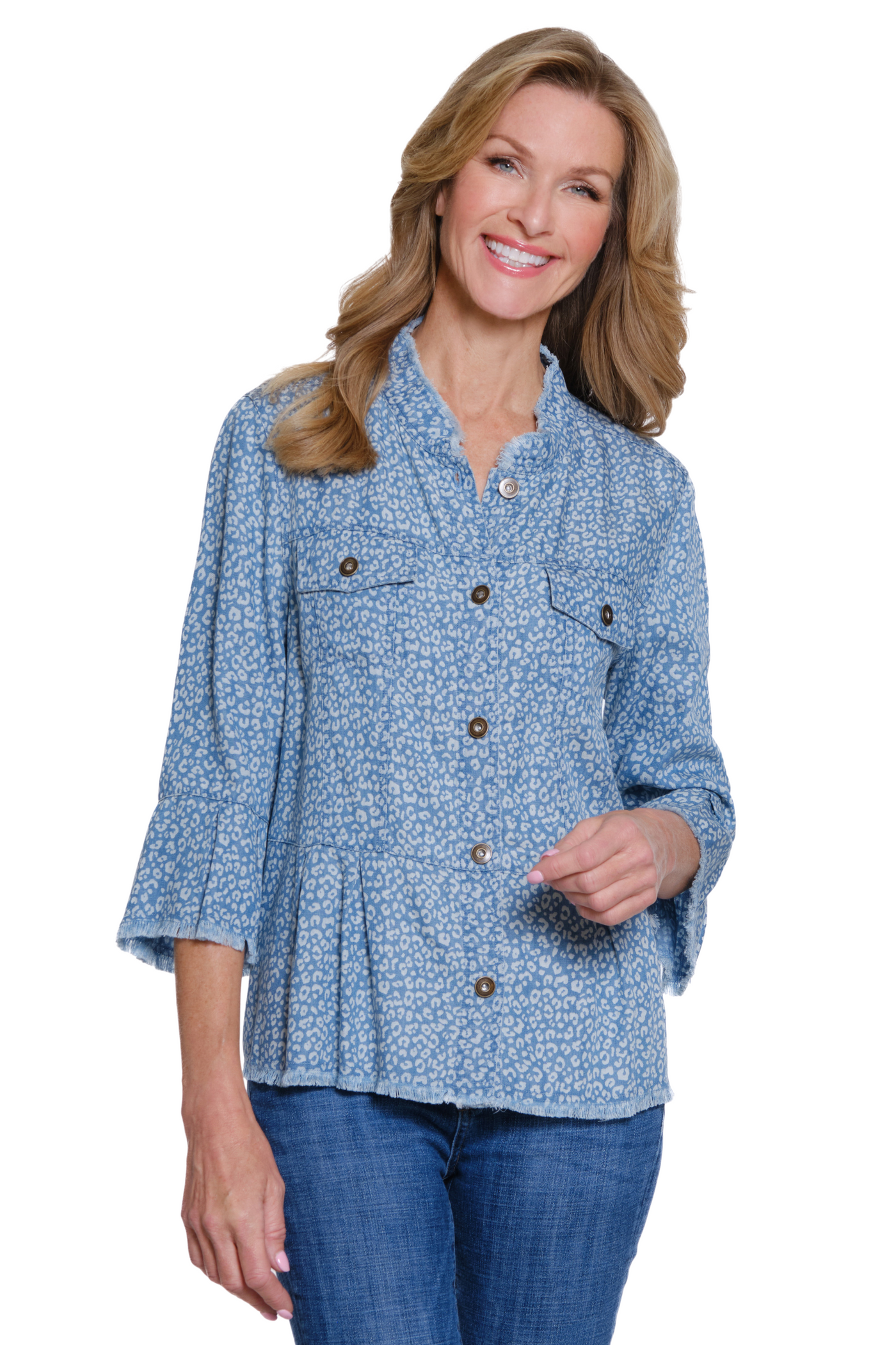 Peplum Jacket with Flounce Sleeves - Petite - Denim Print