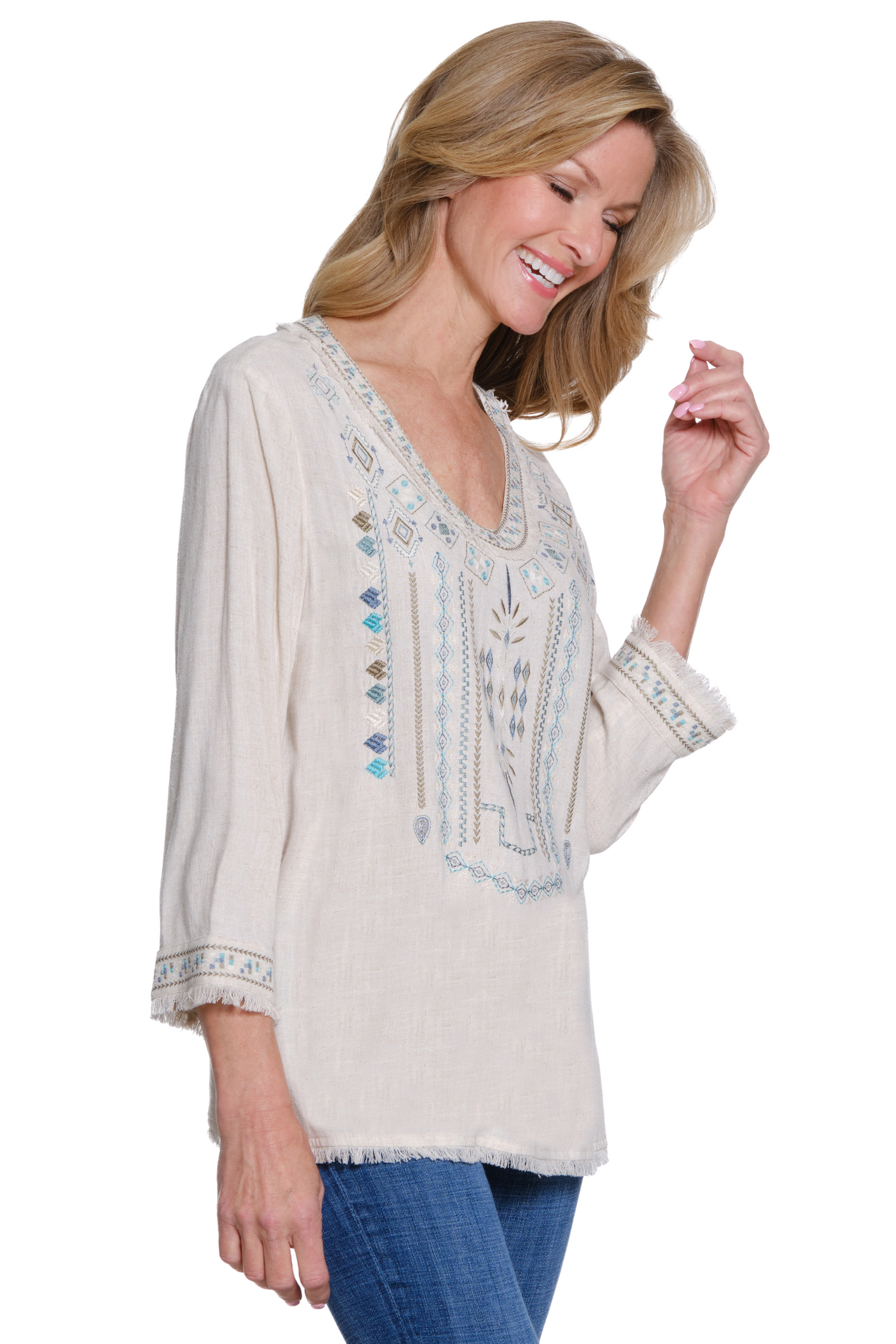 Textured Woven Top with Fringe & Embroidery - Petite - Multi