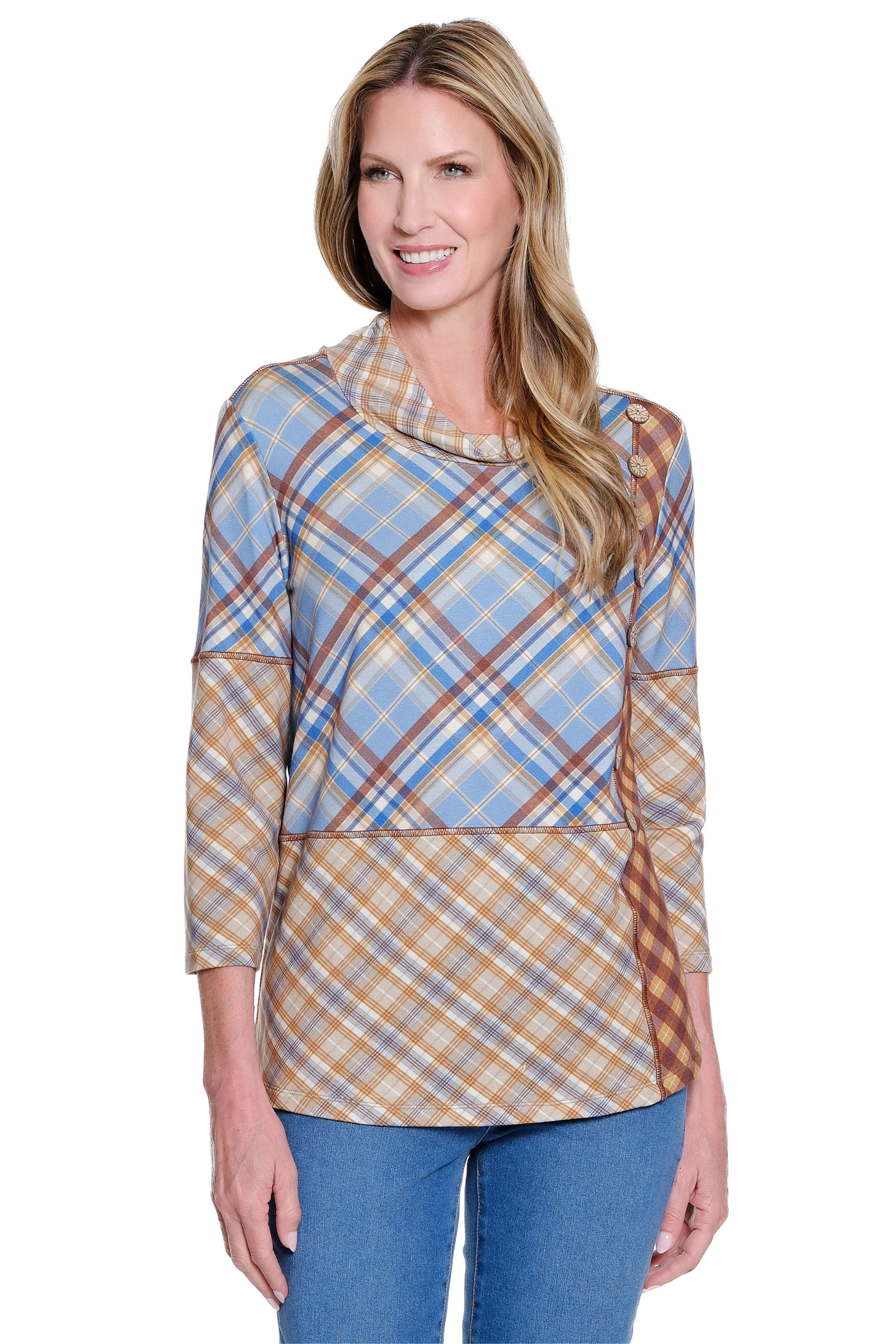 Turtleneck Plaid Knit Top - Multi